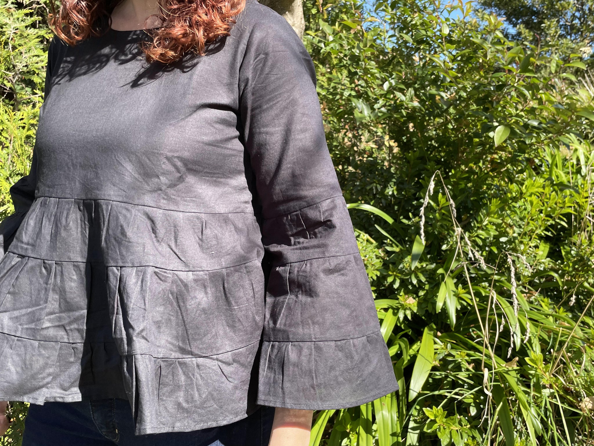 Fair Trade Linen Bell Sleeve Tiered Top - Black