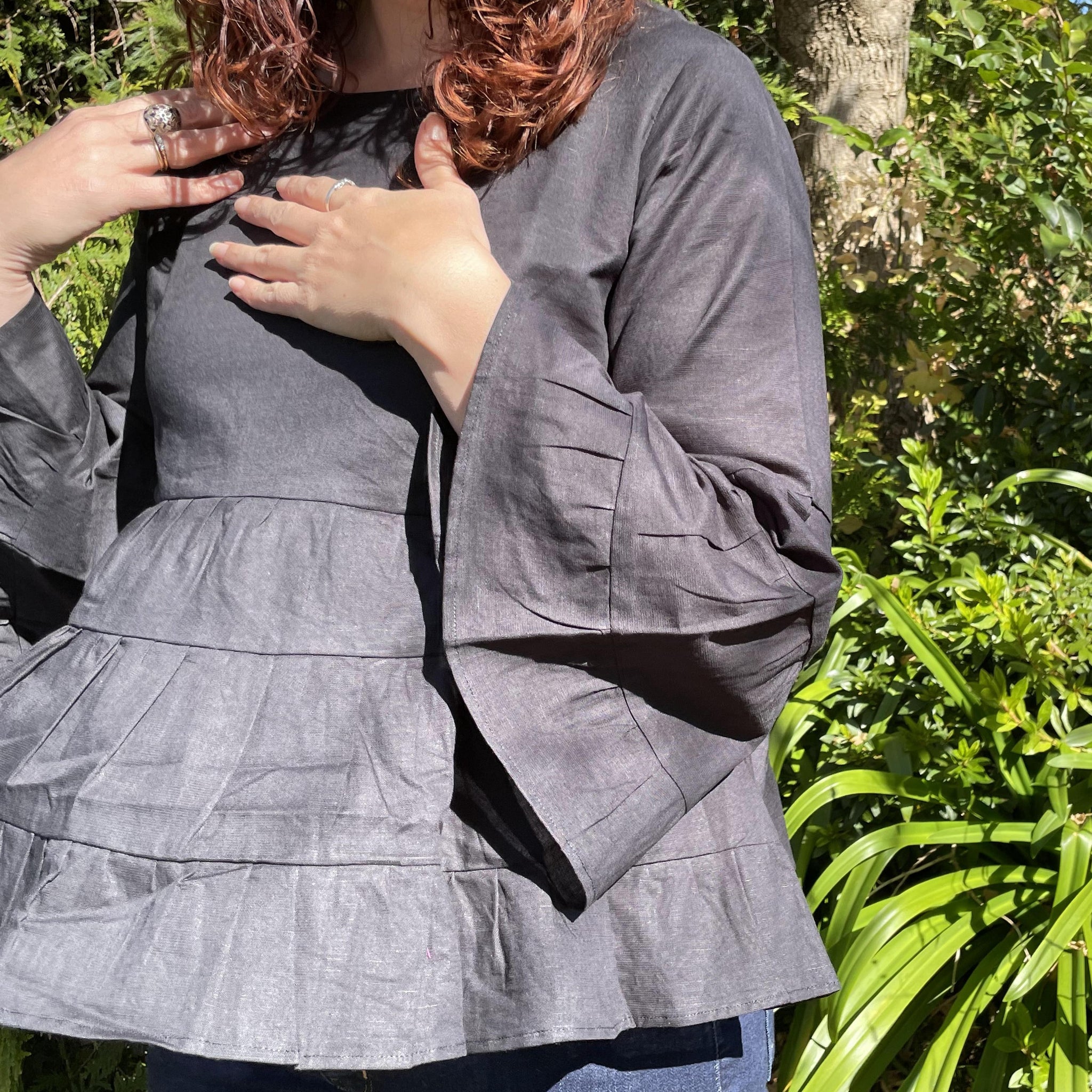 Fair Trade Linen Bell Sleeve Tiered Top - Black