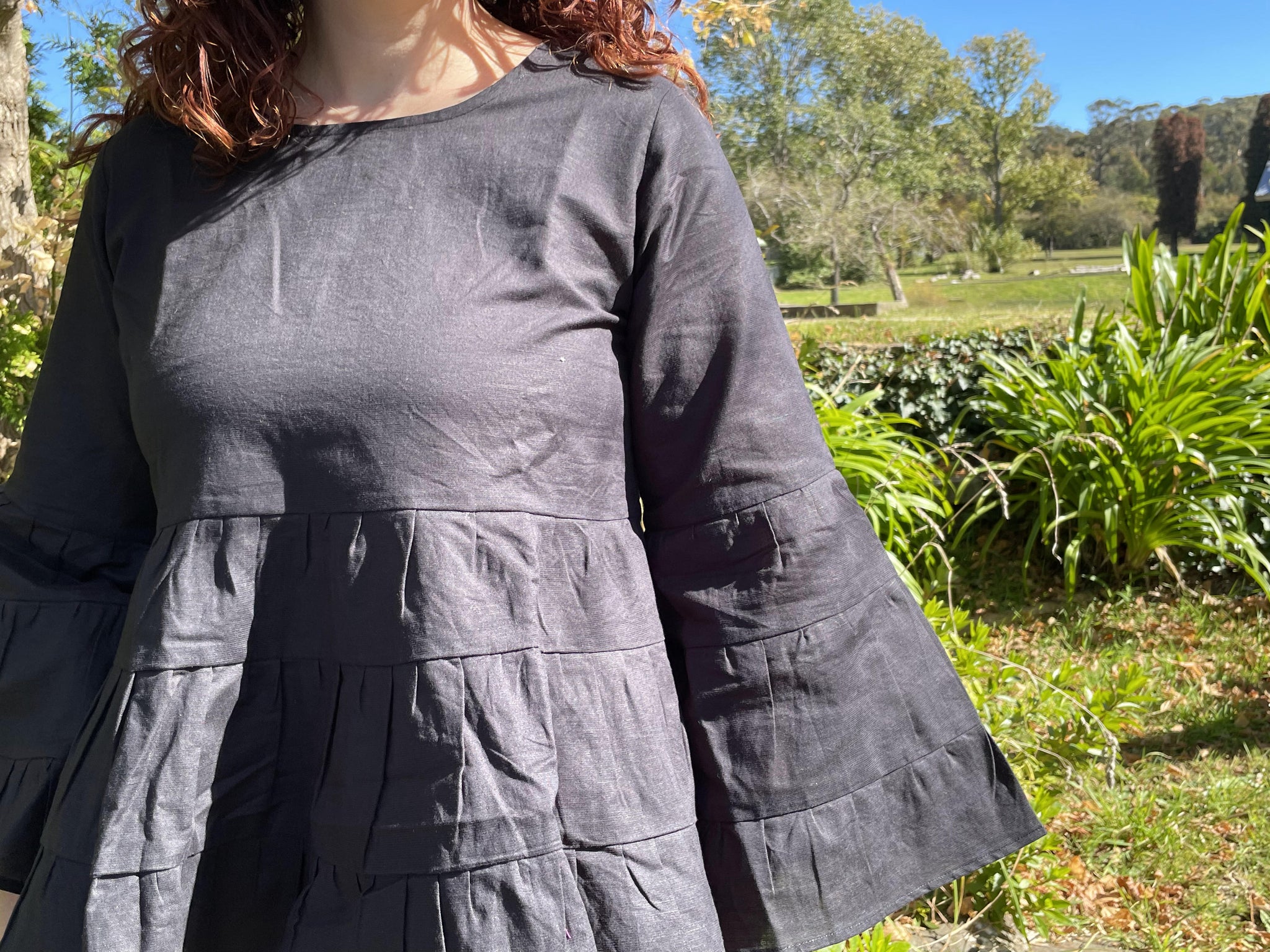 Fair Trade Linen Bell Sleeve Tiered Top - Black