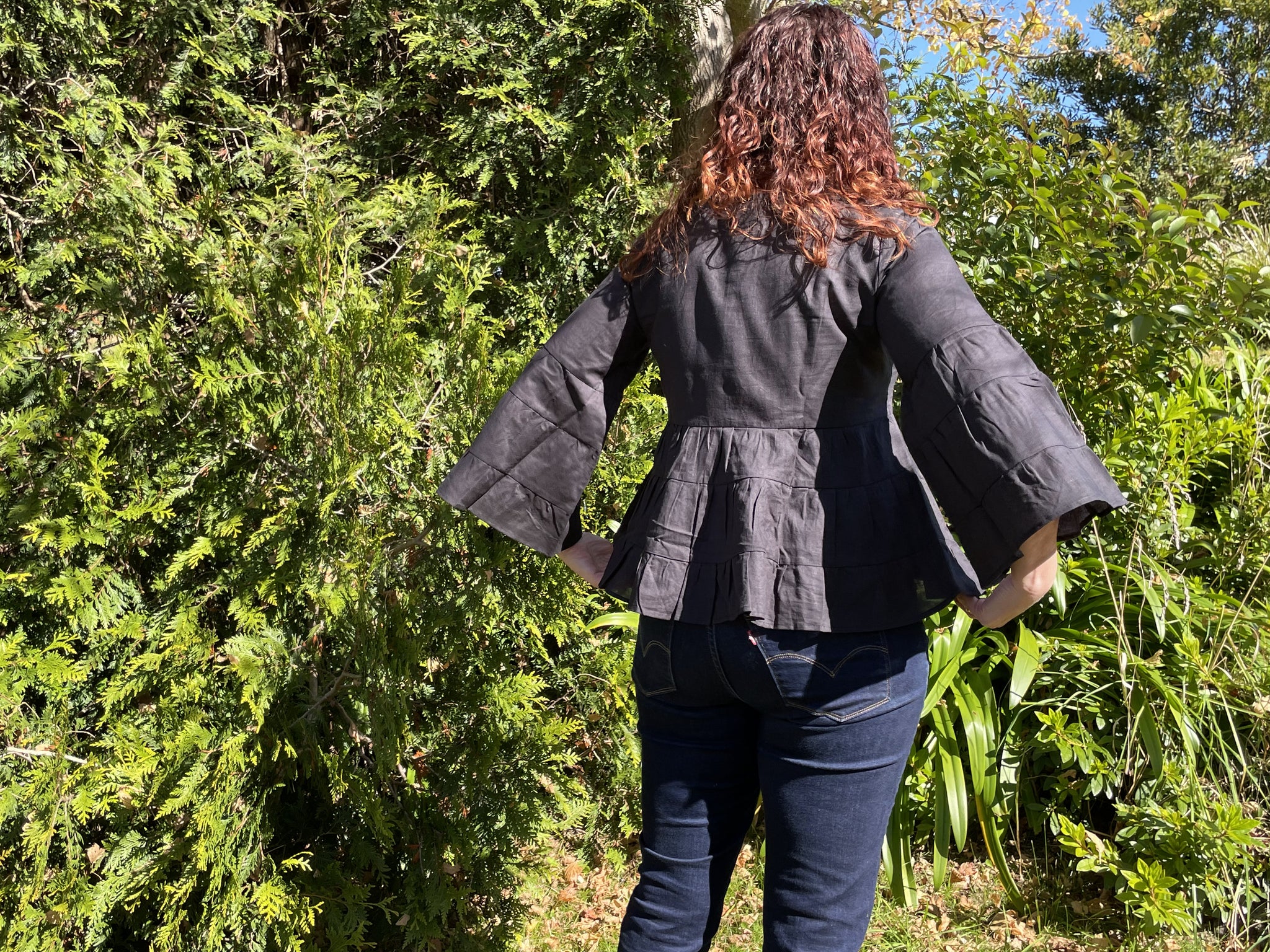Fair Trade Linen Bell Sleeve Tiered Top - Black