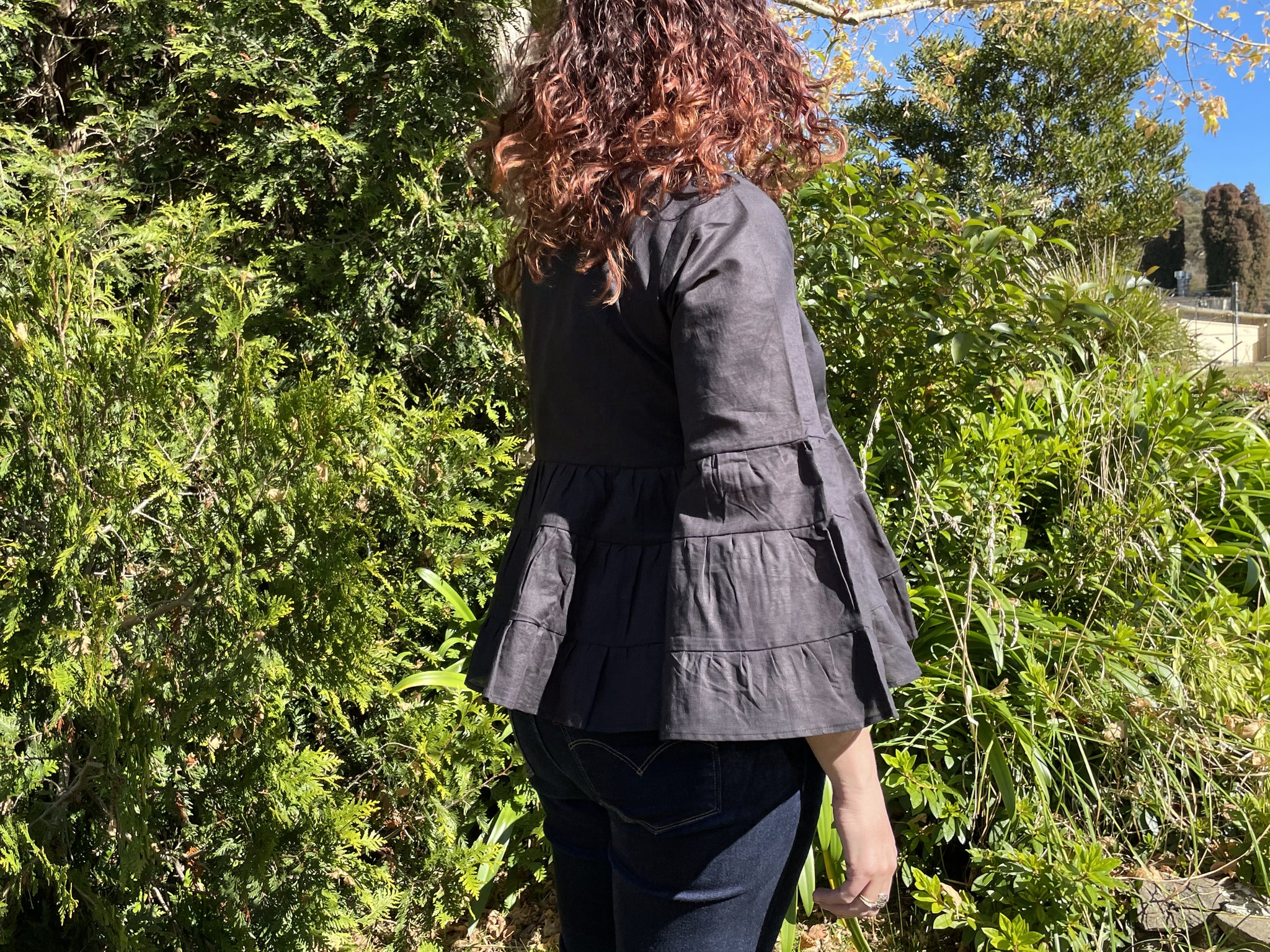 Fair Trade Linen Bell Sleeve Tiered Top - Black