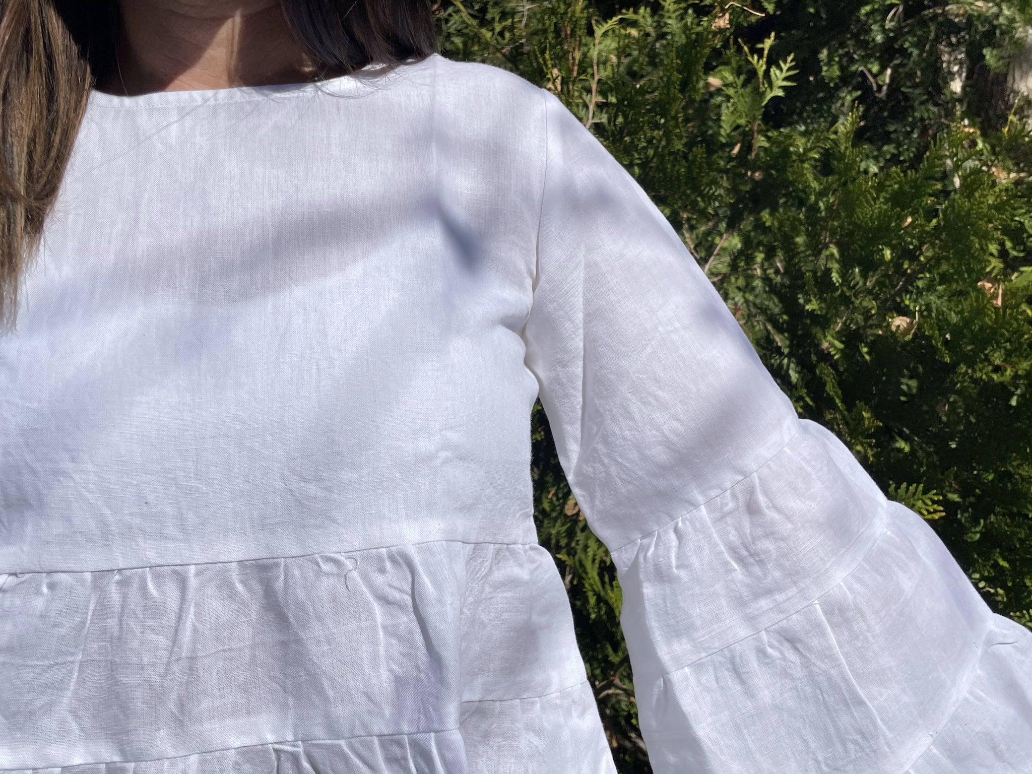 Fair Trade Linen Bell Sleeve Tiered Top- White
