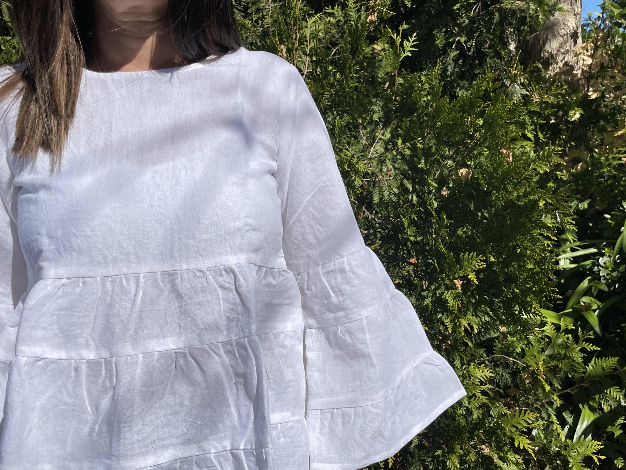 Fair Trade Linen Bell Sleeve Tiered Top- White