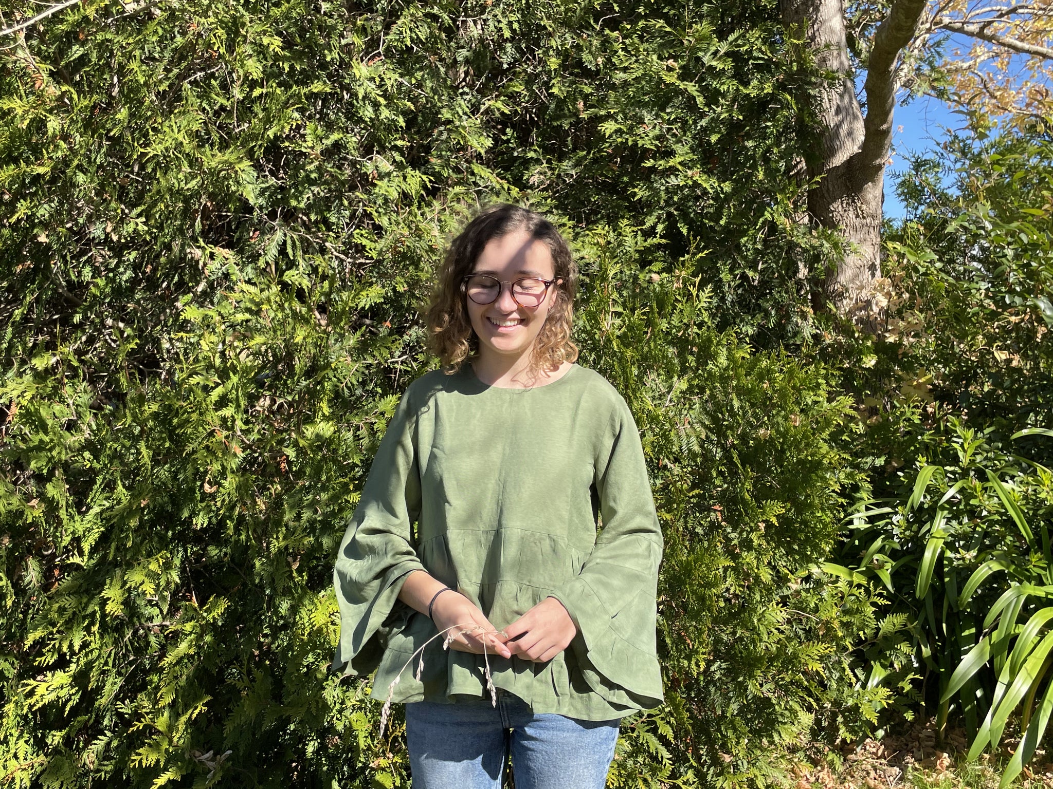 Fair Trade Linen Bell Sleeve Tiered Top - Olive