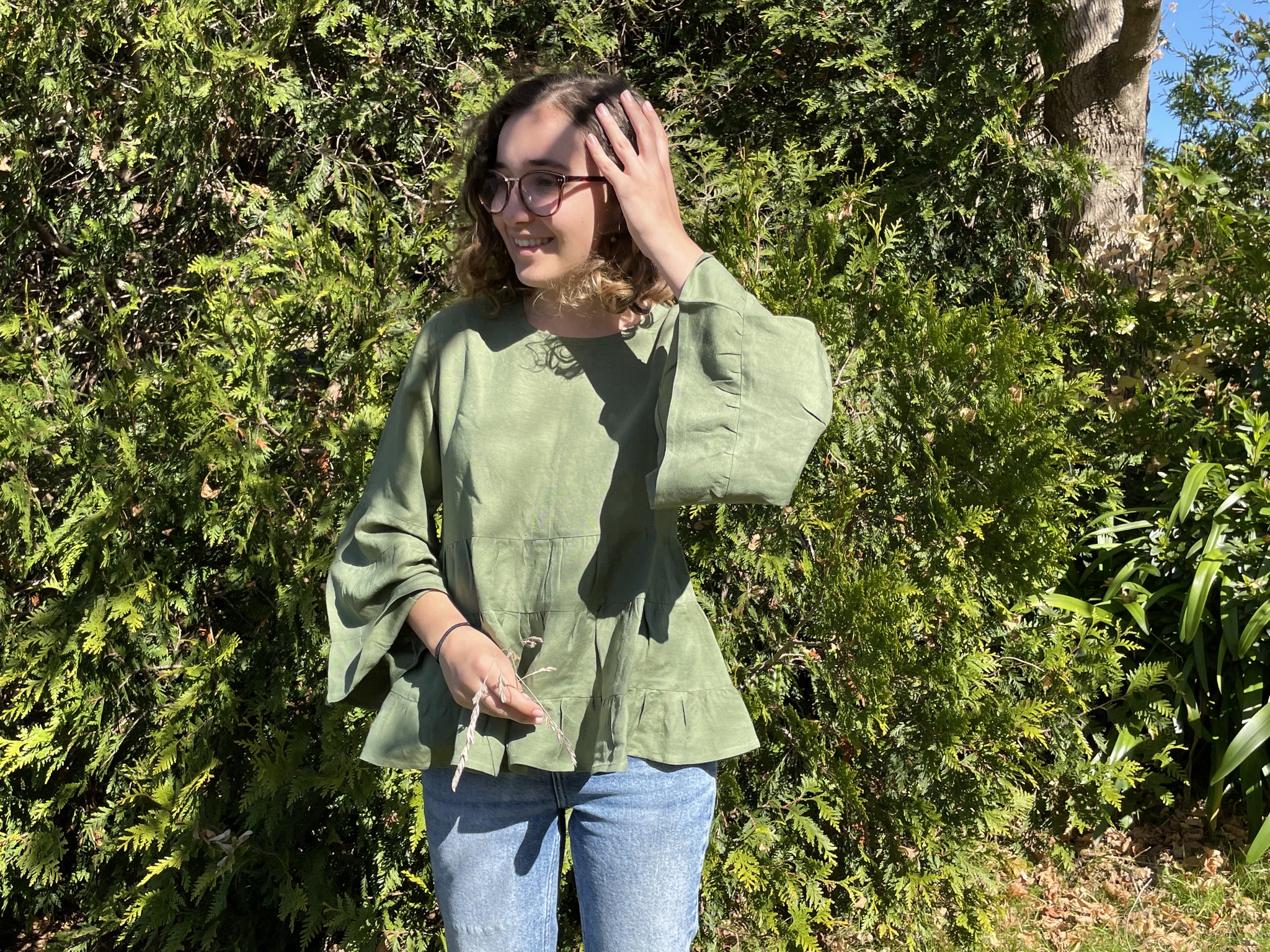 Fair Trade Linen Bell Sleeve Tiered Top - Olive