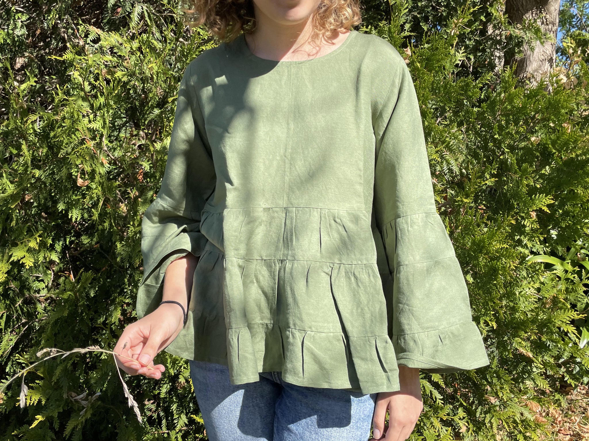 Fair Trade Linen Bell Sleeve Tiered Top - Olive