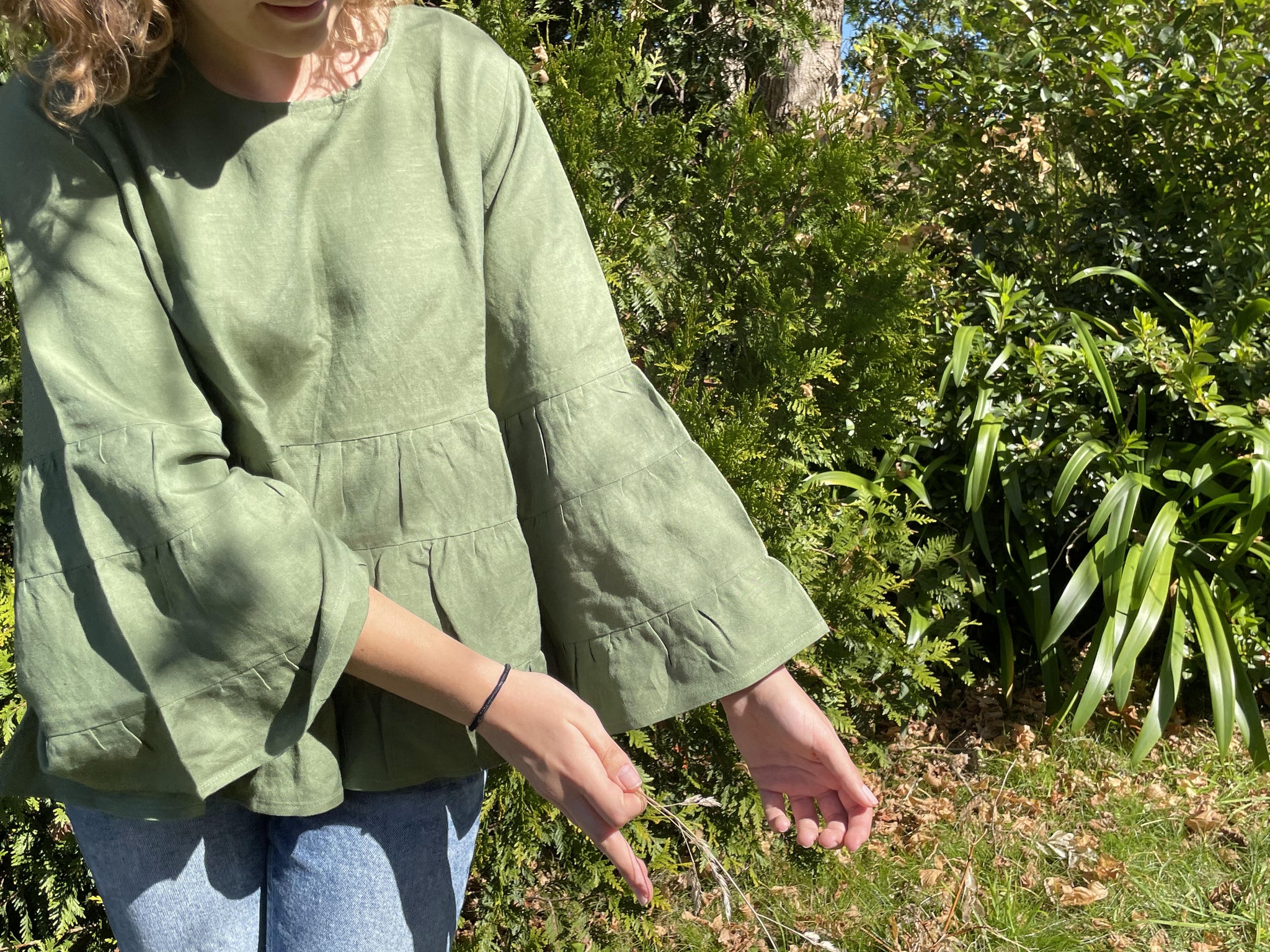 Fair Trade Linen Bell Sleeve Tiered Top - Olive