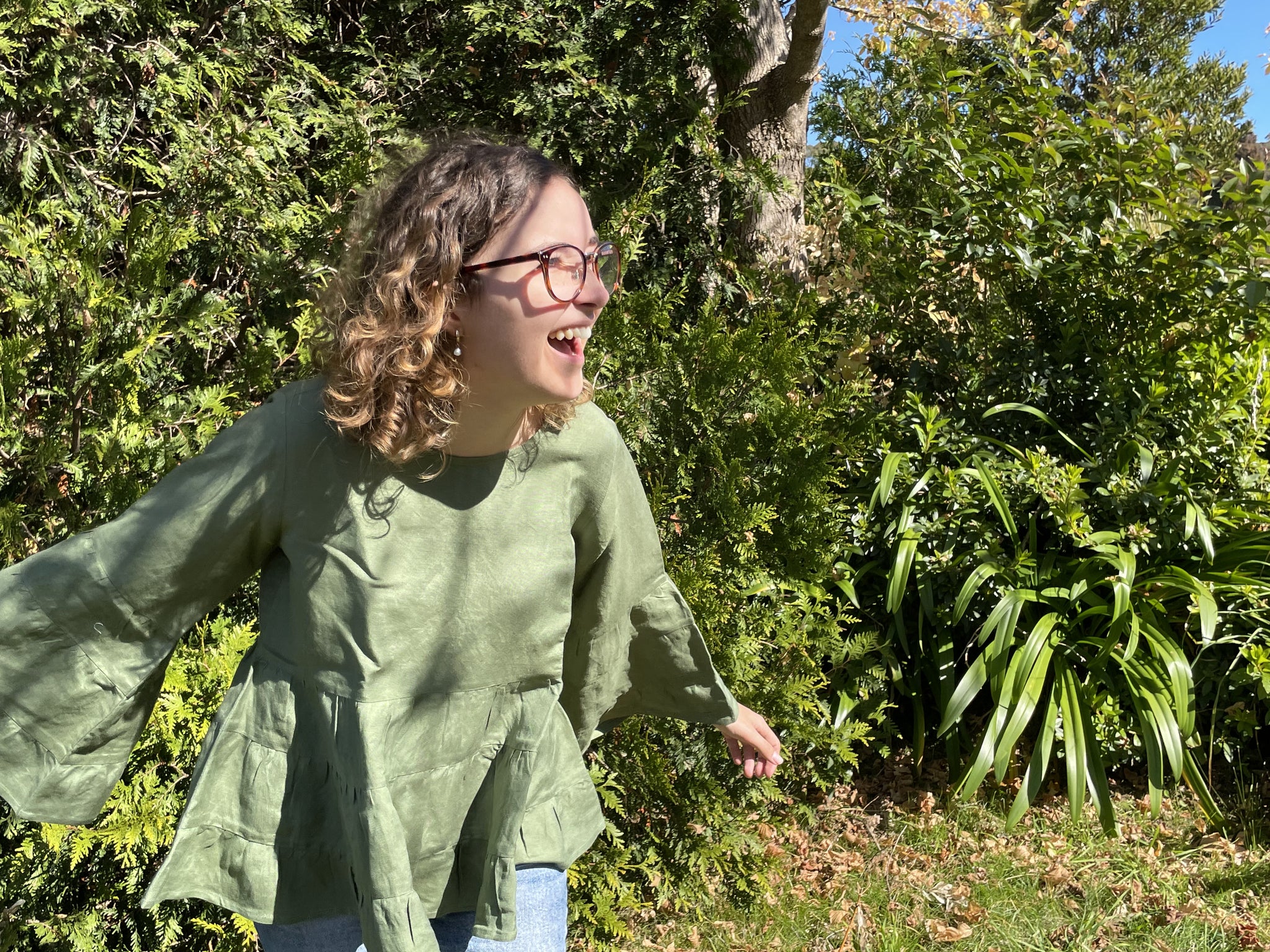Fair Trade Linen Bell Sleeve Tiered Top - Olive