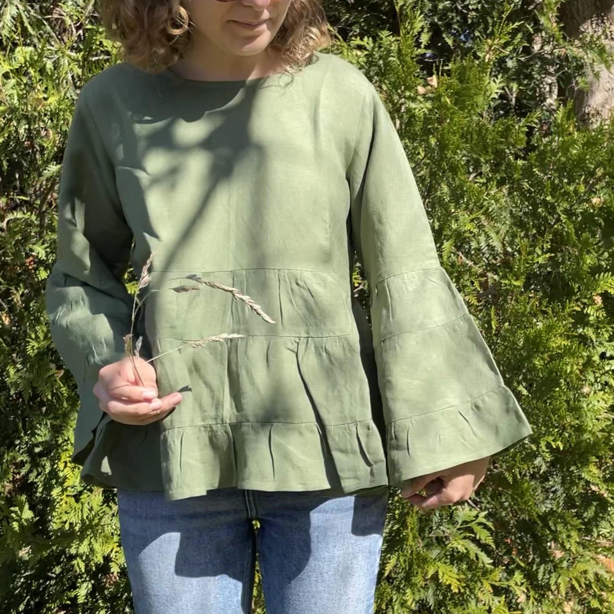 Fair Trade Linen Bell Sleeve Tiered Top - Olive