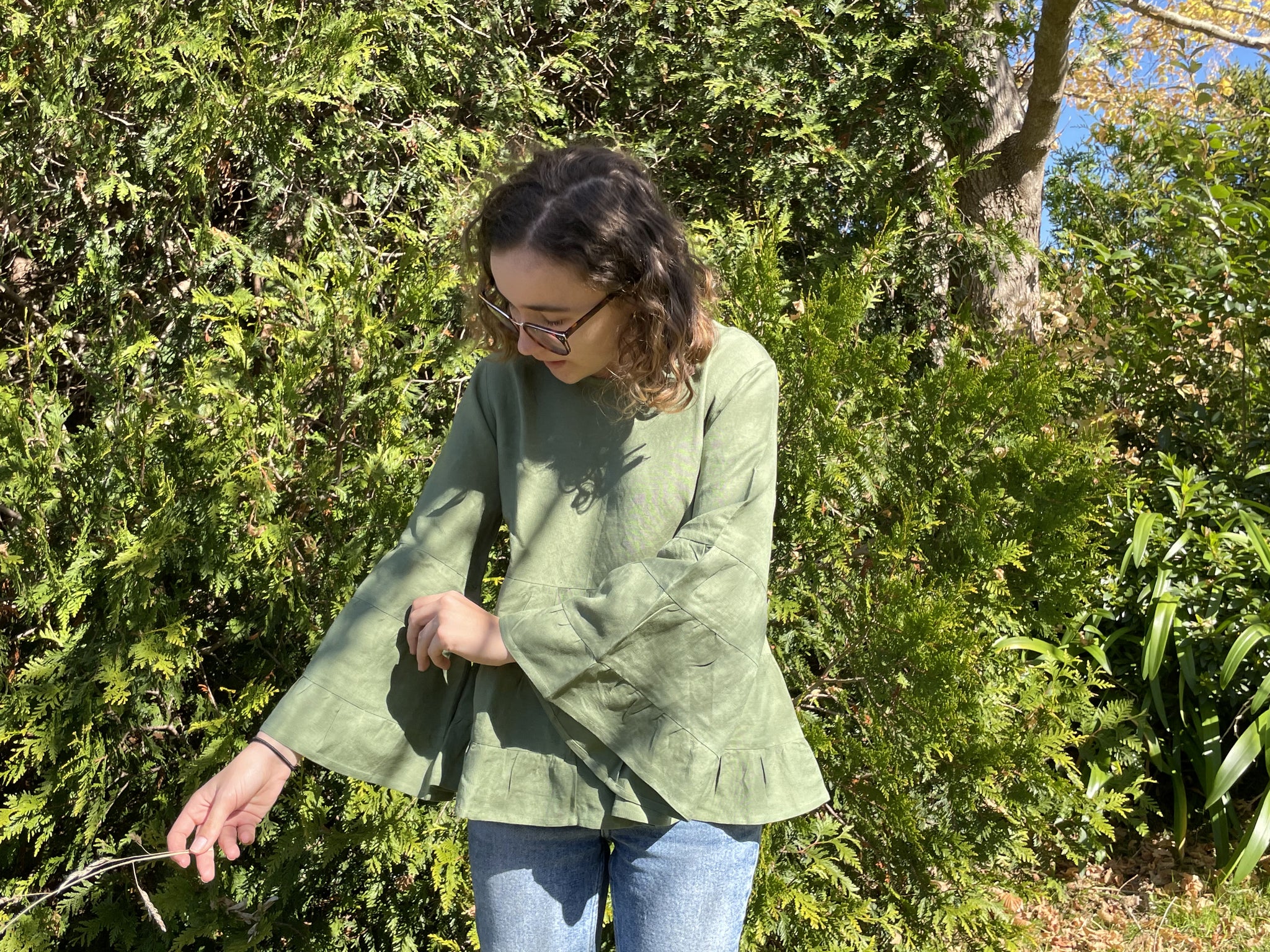 Fair Trade Linen Bell Sleeve Tiered Top - Olive