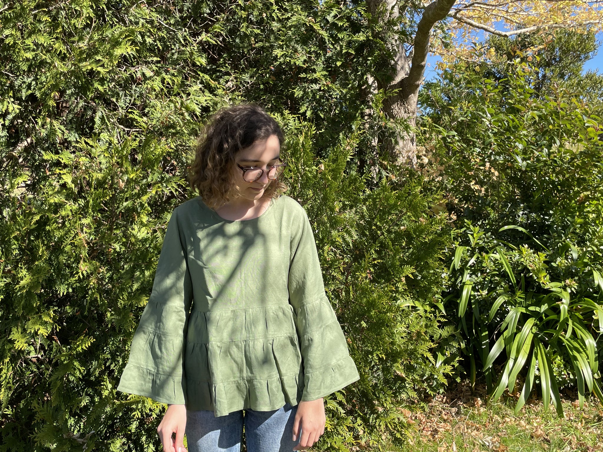 Fair Trade Linen Bell Sleeve Tiered Top - Olive