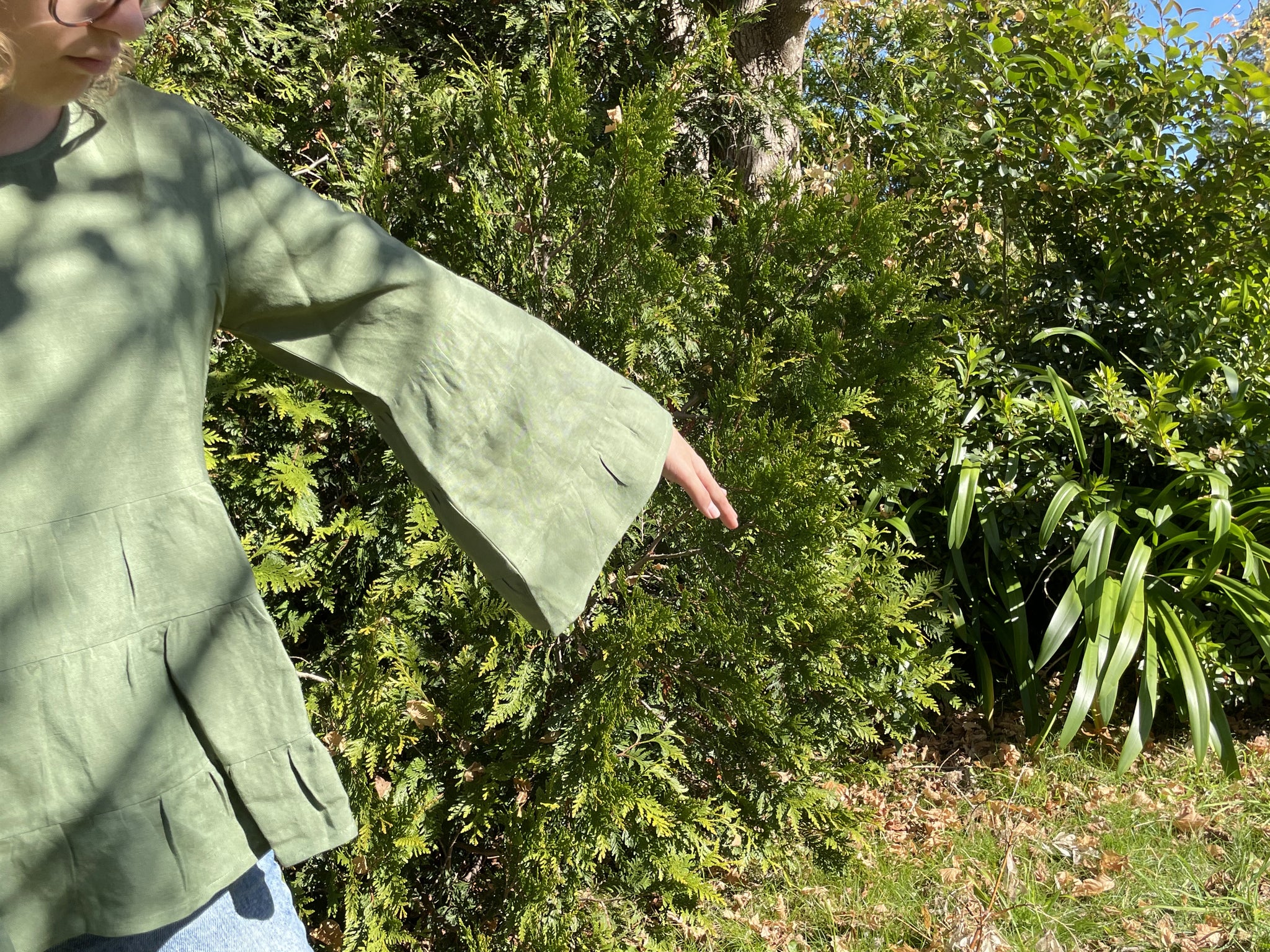 Fair Trade Linen Bell Sleeve Tiered Top - Olive