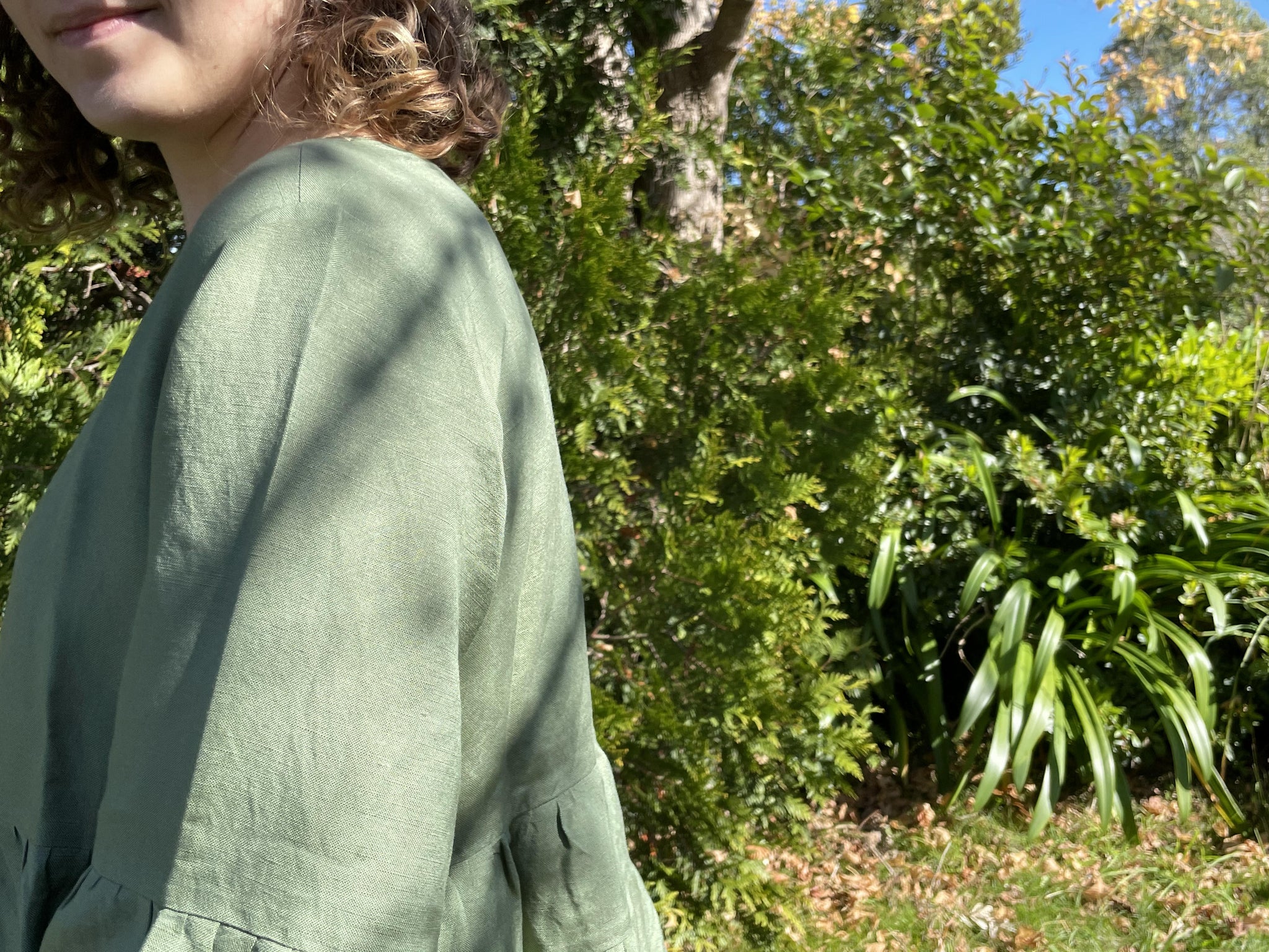 Fair Trade Linen Bell Sleeve Tiered Top - Olive