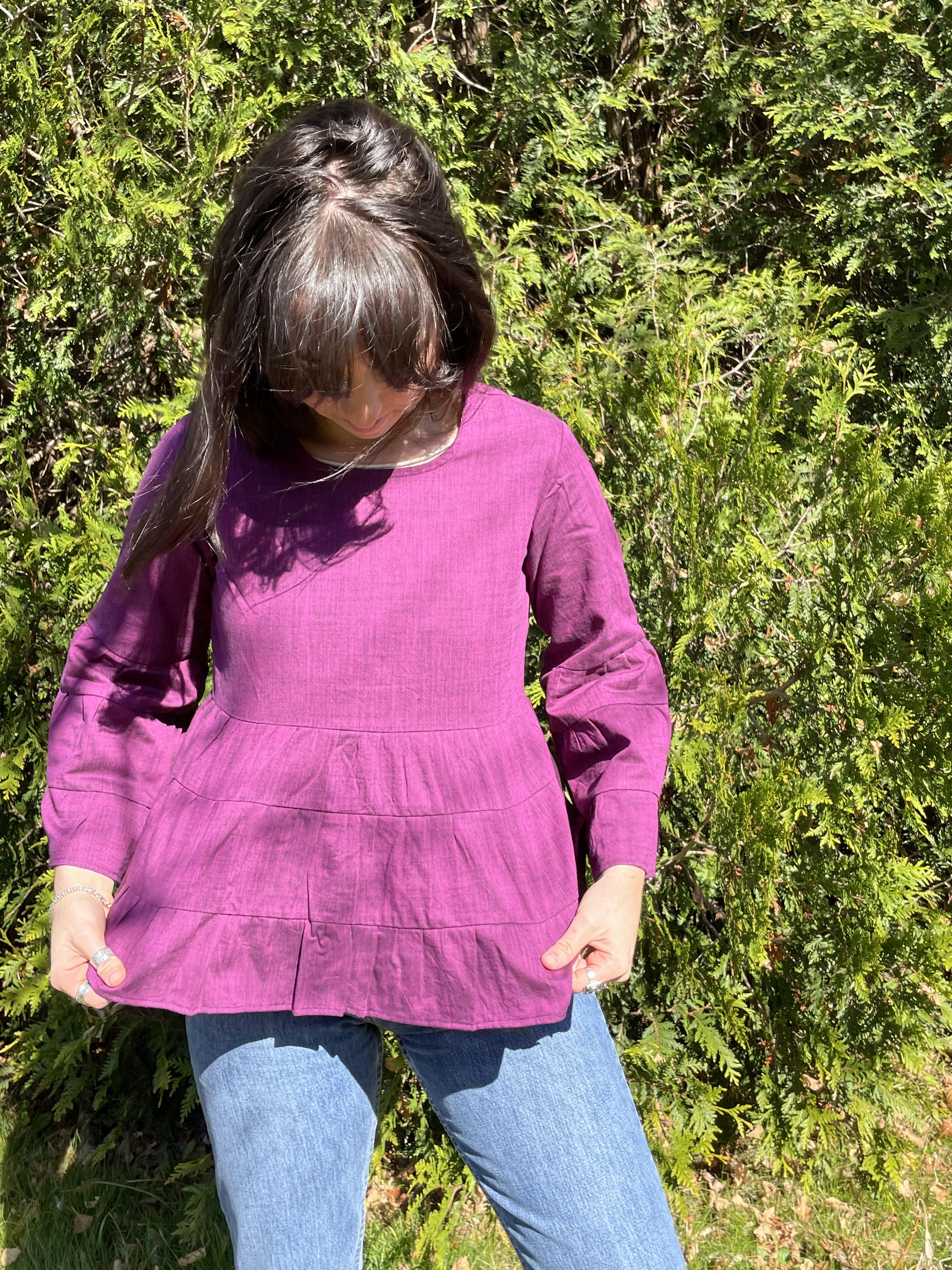Fair Trade Linen Bell Sleeve Tiered Top - Violet/ Purple
