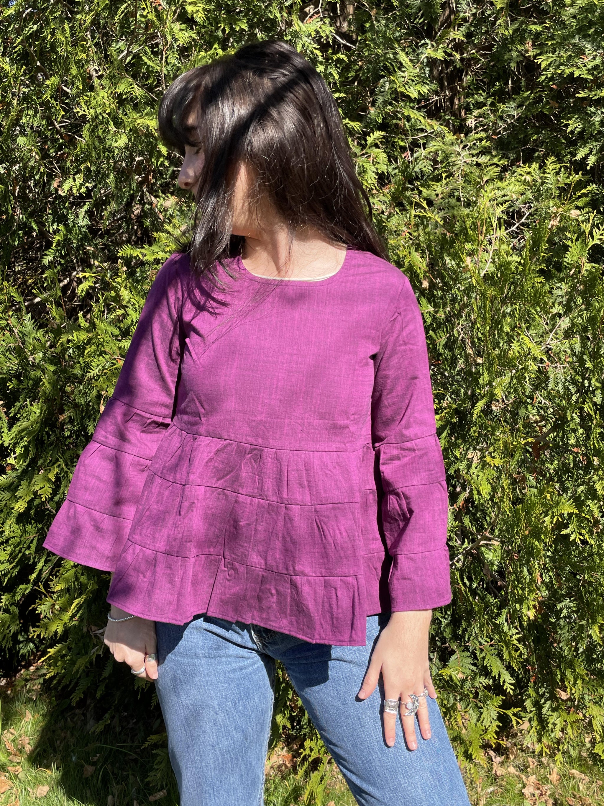 Fair Trade Linen Bell Sleeve Tiered Top - Violet/ Purple