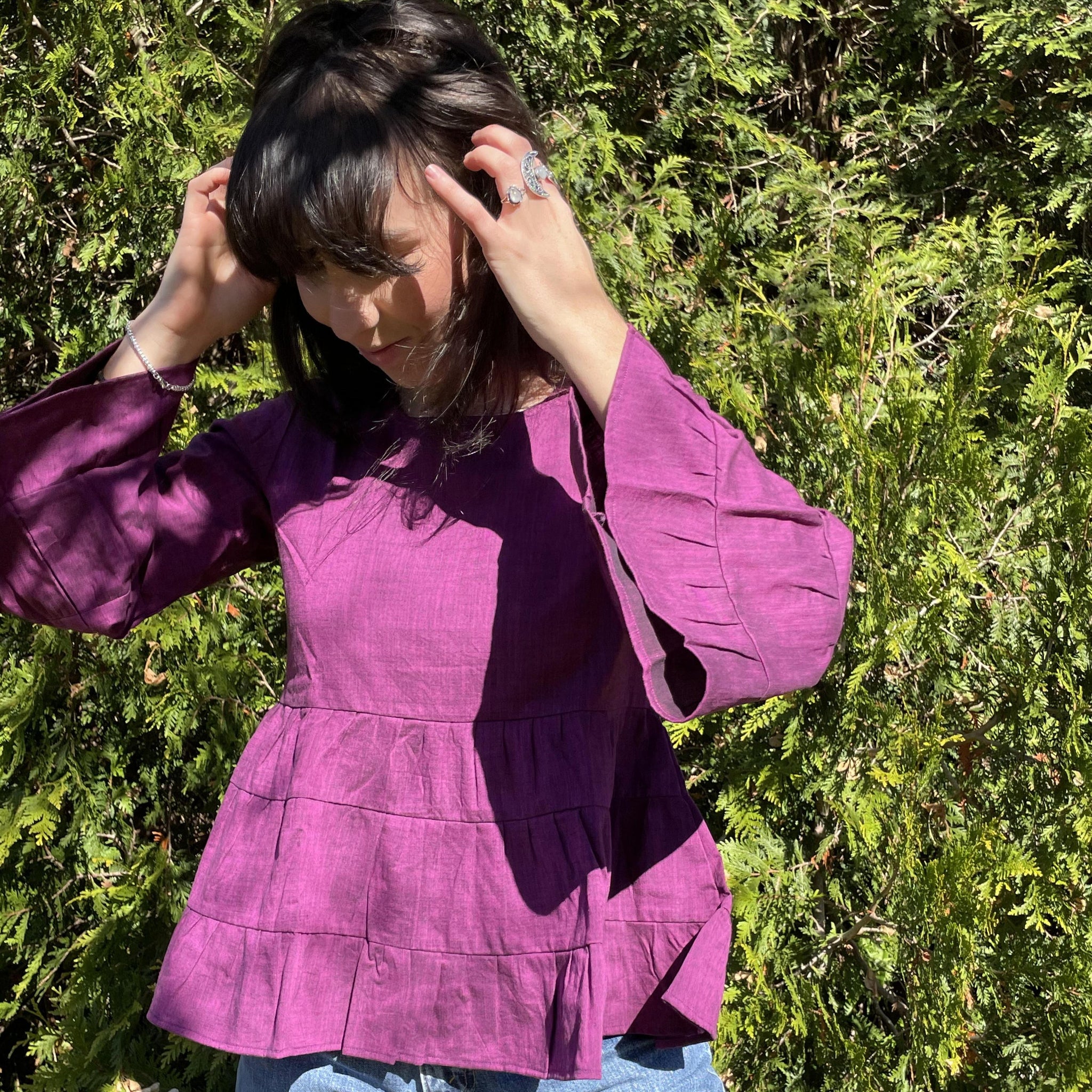 Fair Trade Linen Bell Sleeve Tiered Top - Violet/ Purple