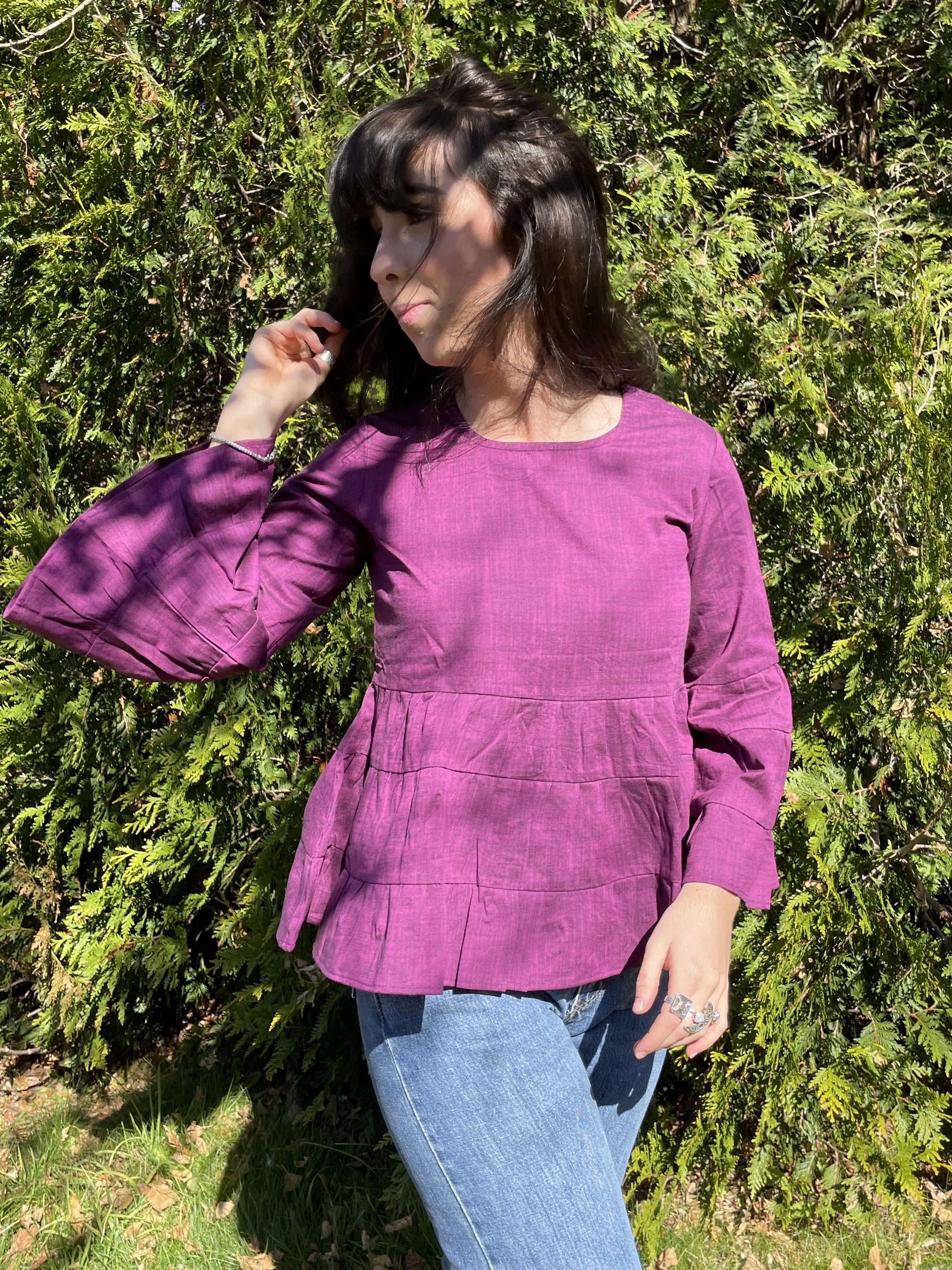 Fair Trade Linen Bell Sleeve Tiered Top - Violet/ Purple