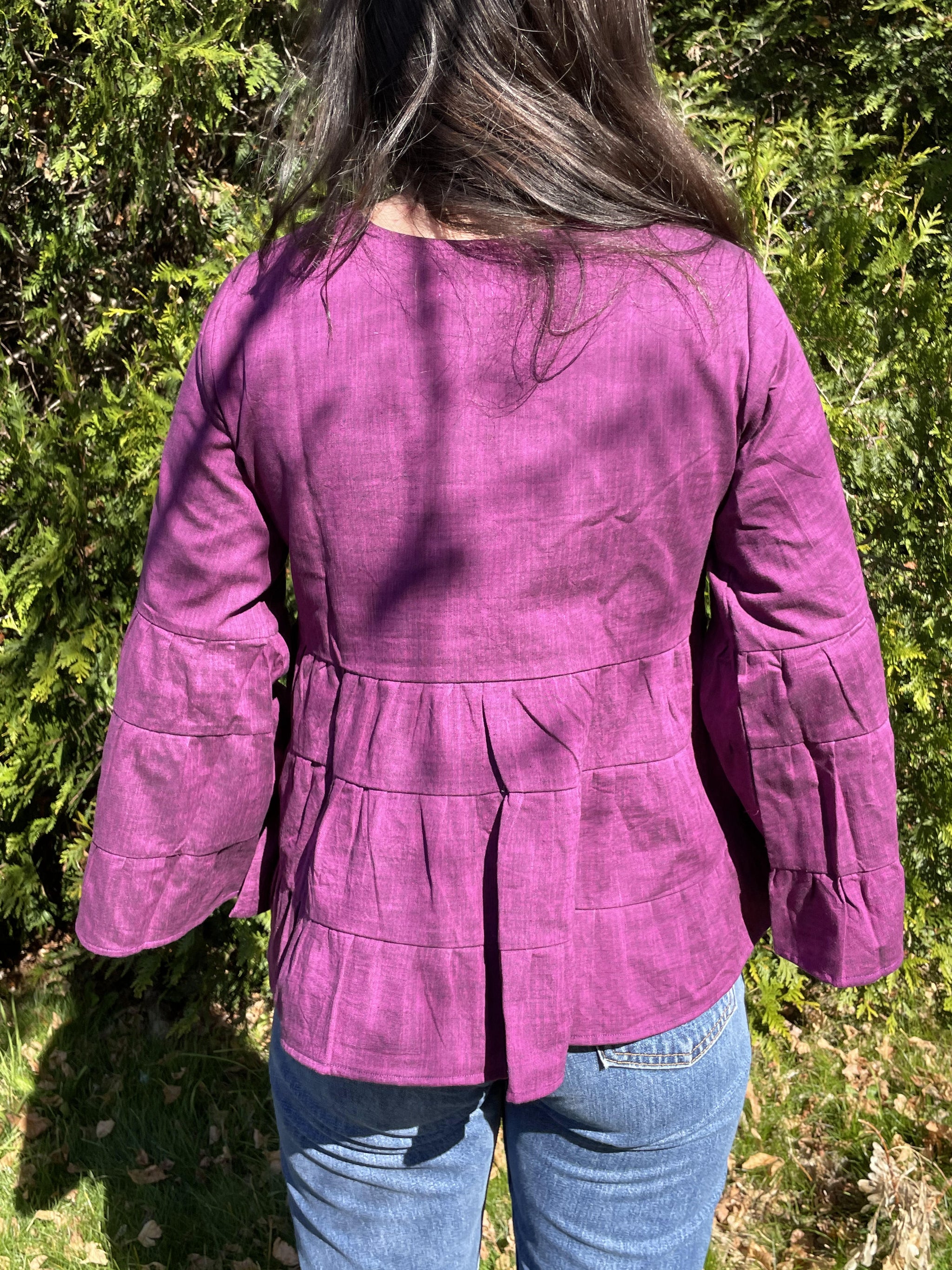 Fair Trade Linen Bell Sleeve Tiered Top - Violet/ Purple