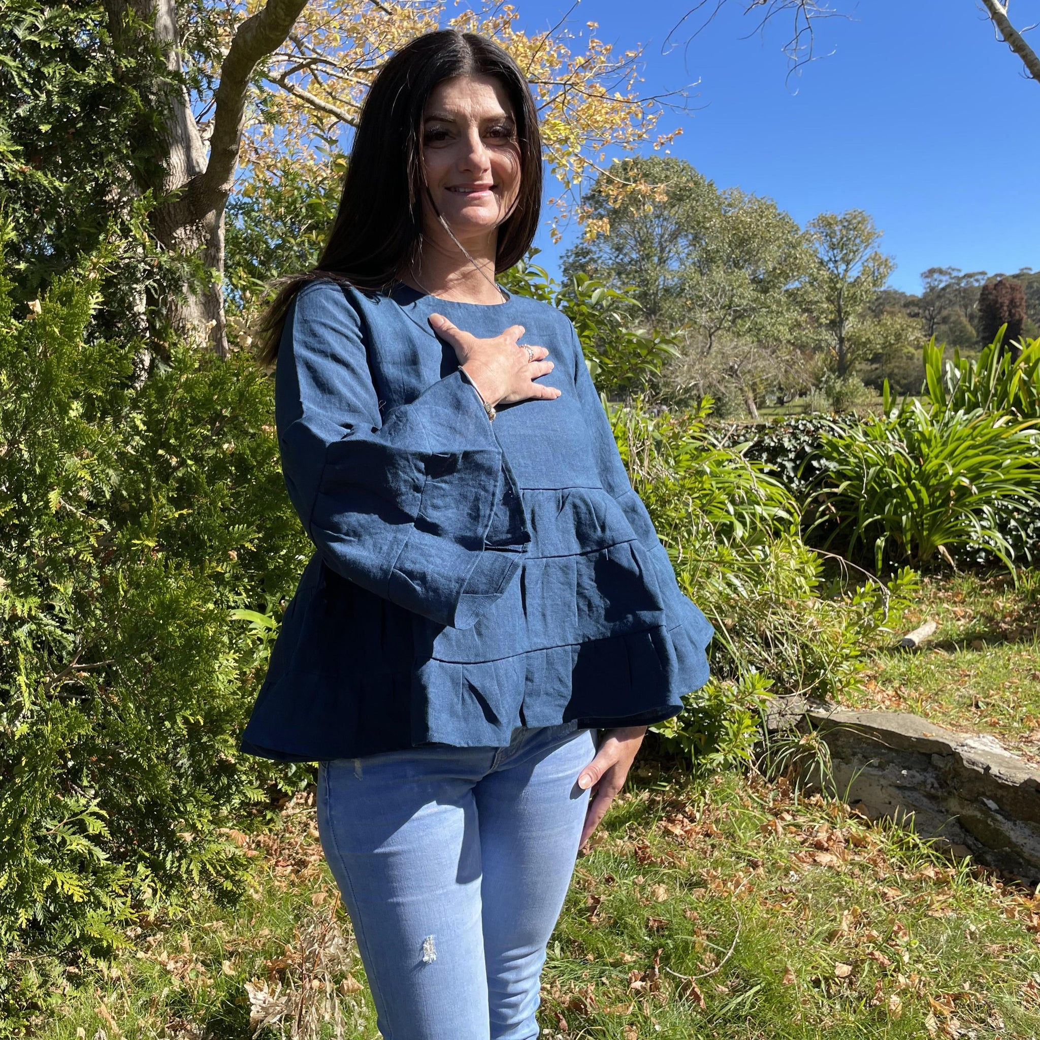 Fair Trade Linen Bell Sleeve Tiered Top - Navy