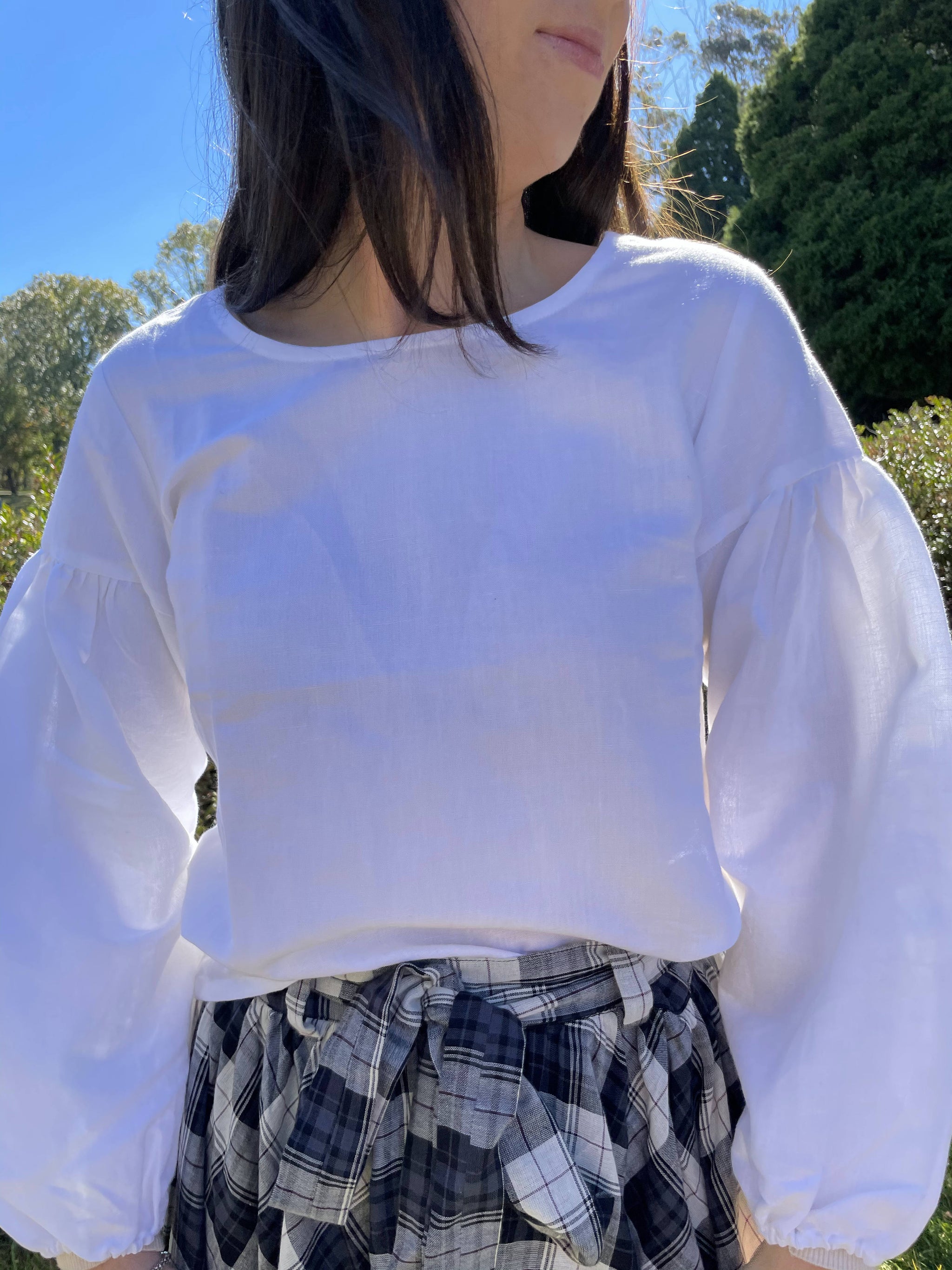 Fair Trade Linen Puff Sleeve Long Top - White