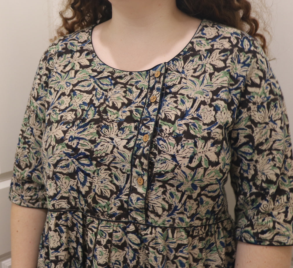 Fair Trade Kalamkari Placket Top Green Shadow Design