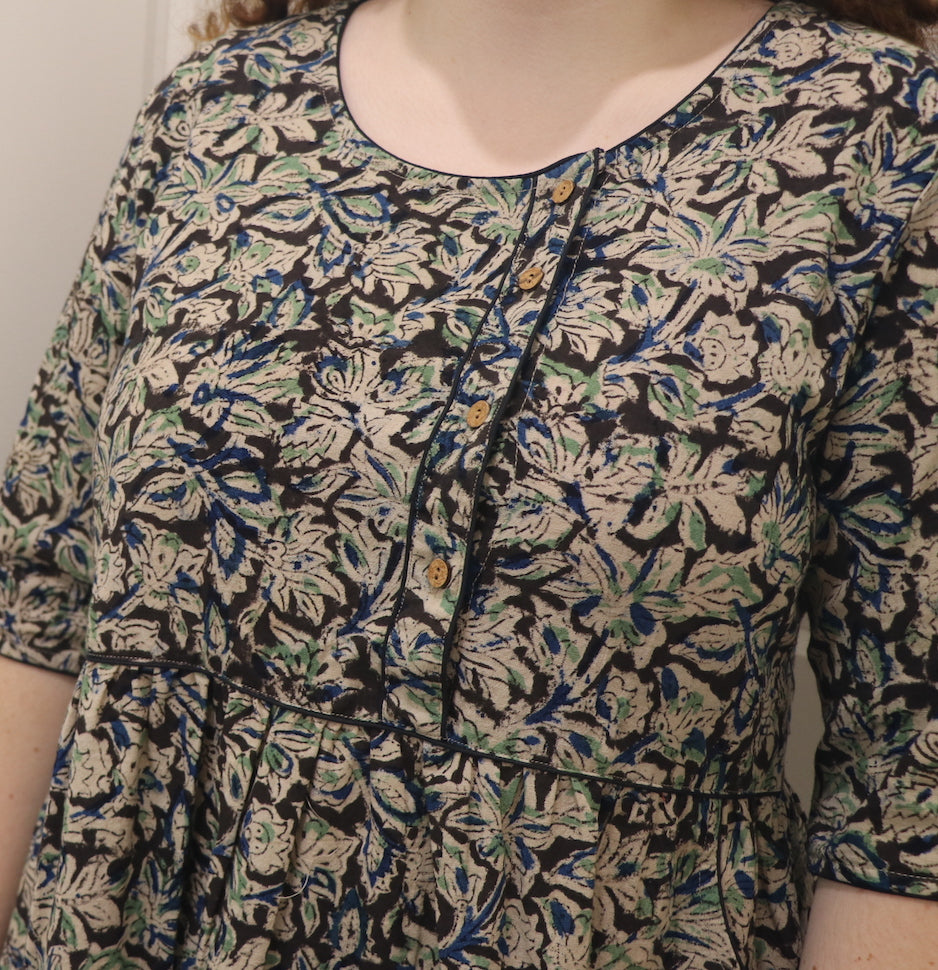Fair Trade Kalamkari Placket Top Green Shadow Design
