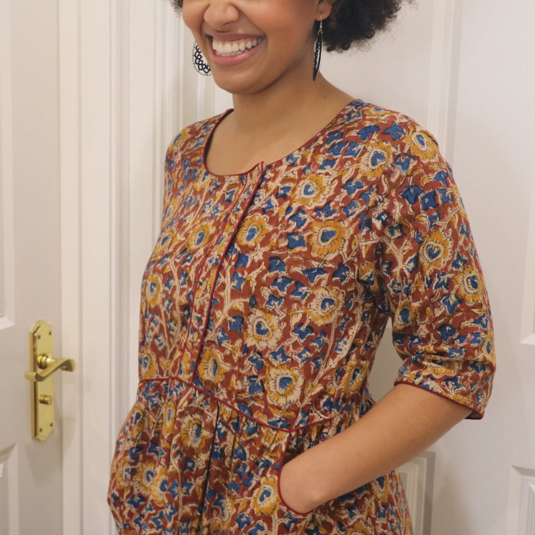 Fair Trade Kalamkari Placket Top Brown Bouquet Design