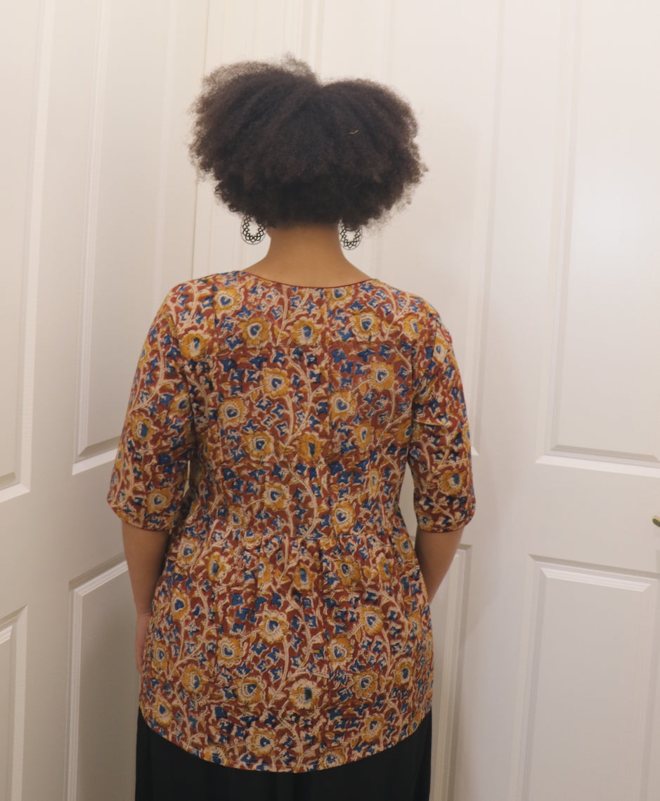Fair Trade Kalamkari Placket Top Brown Bouquet Design