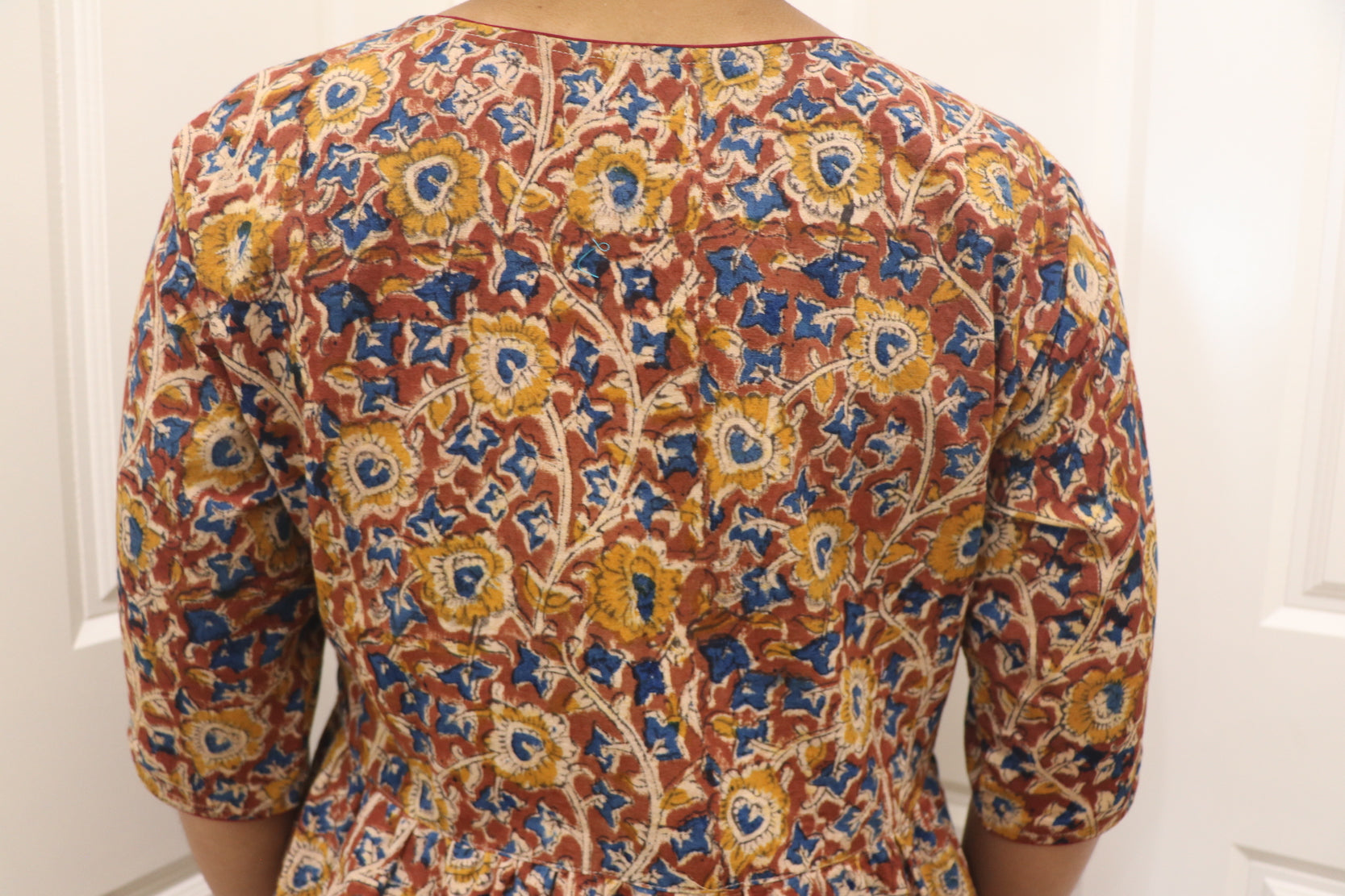 Fair Trade Kalamkari Placket Top Brown Bouquet Design