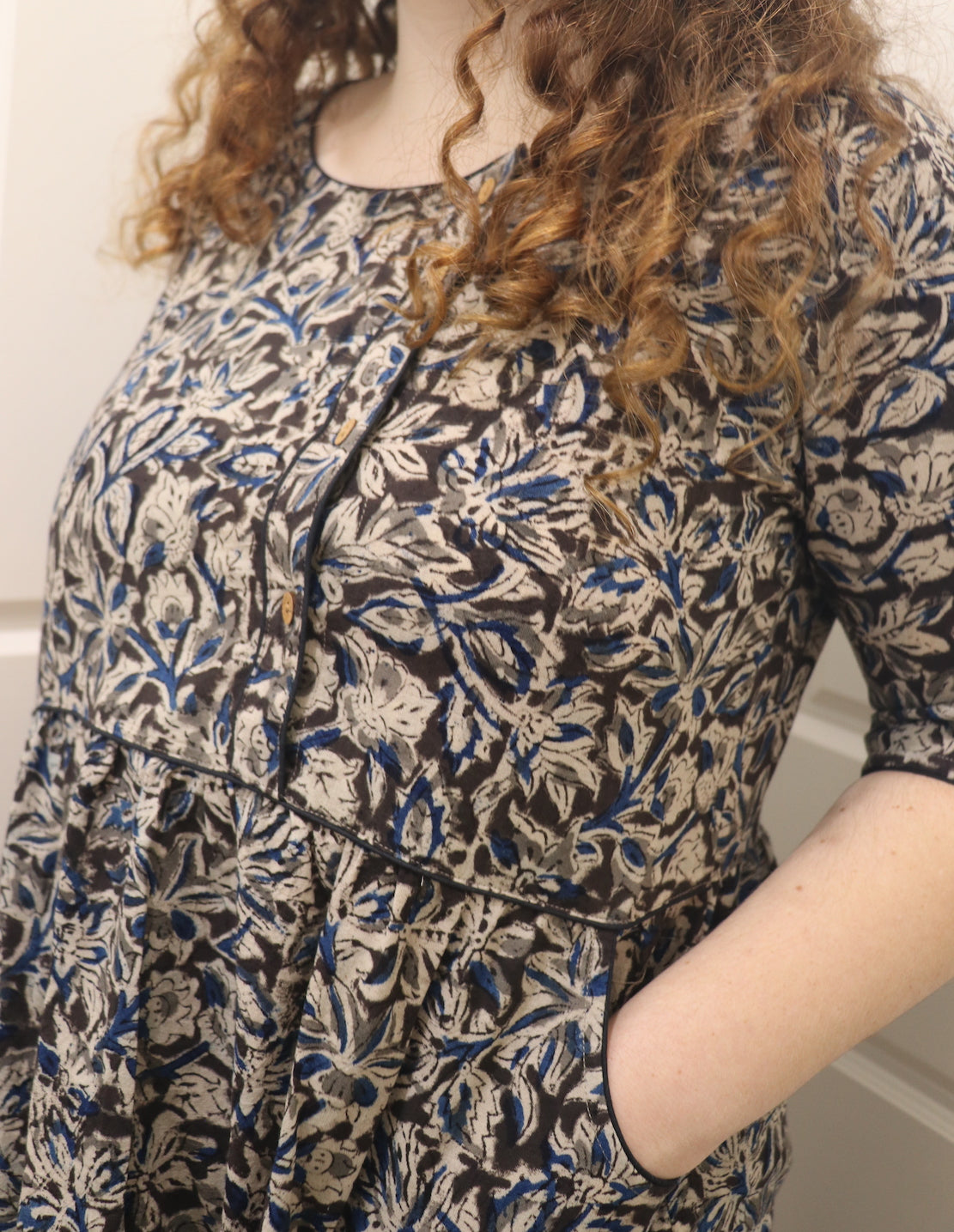 Fair Trade Kalamkari Placket Top Blue Shadow Design
