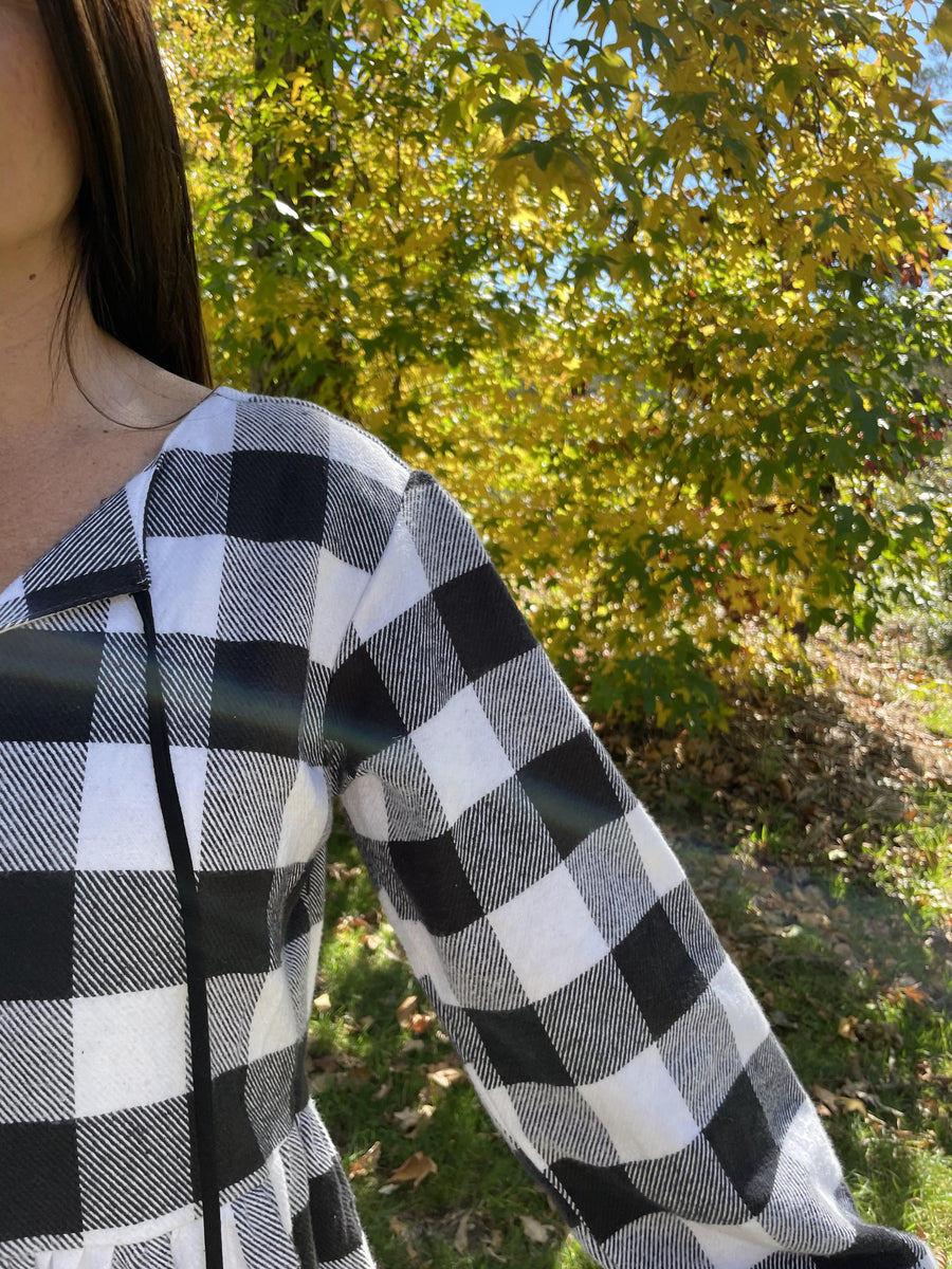 Fair Trade Black and White Checkered Puffed Sleeve Twill Dress