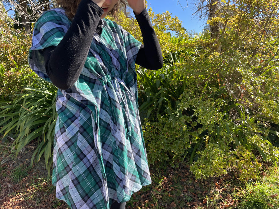 Fair Trade Green Plaid Cotton Short Kaftan Adult