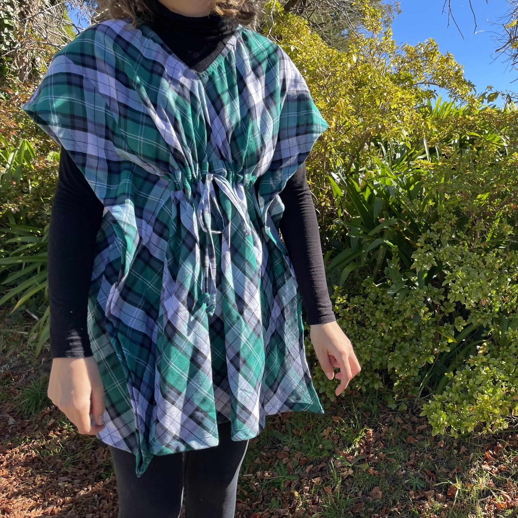 Fair Trade Green Plaid Cotton Short Kaftan Adult
