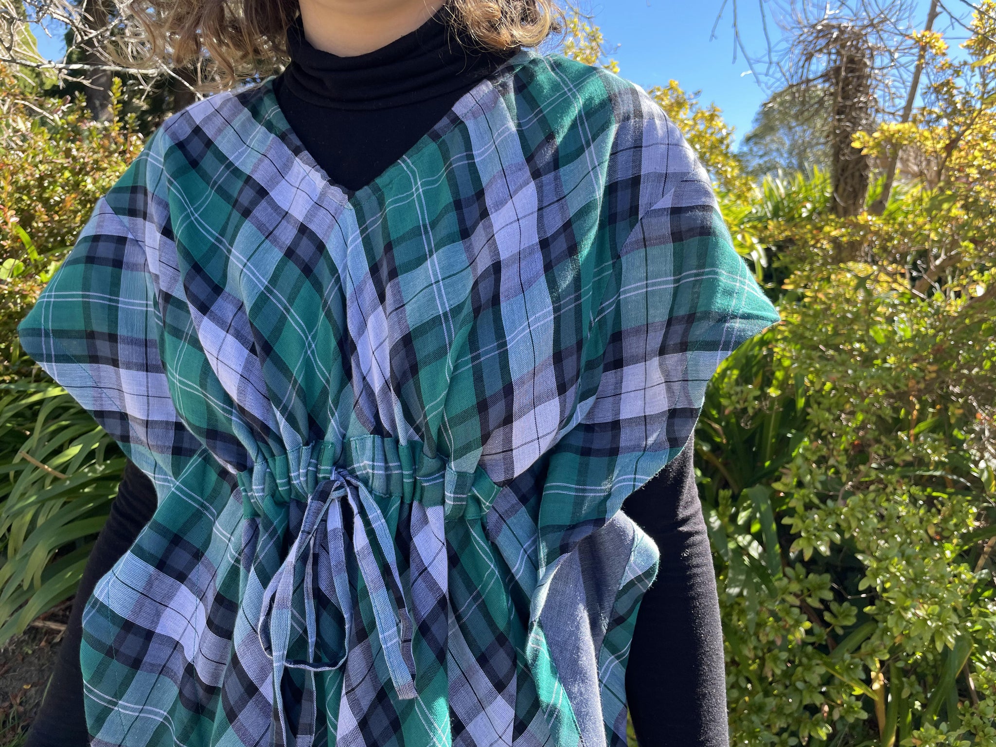 Fair Trade Green Plaid Cotton Short Kaftan Adult