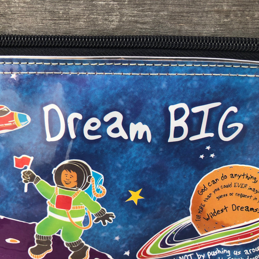 Blue vinyl rectangular pencil case with the words 'Dream Big' and a picture of space with an astronaut.