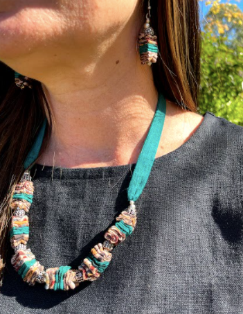 Scrunched Fabric Necklace & Earrings Set – Green or Orange – Fair Trade (Silence, Kolkata)