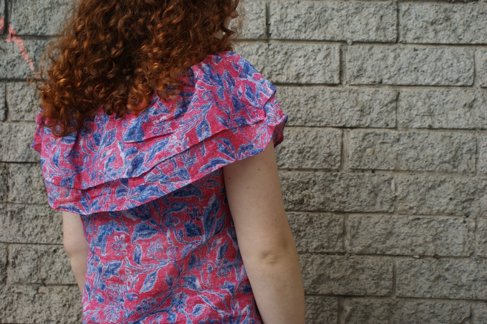 Fair Trade Cotton Off the Shoulder Top Pink with Blue Flower Design