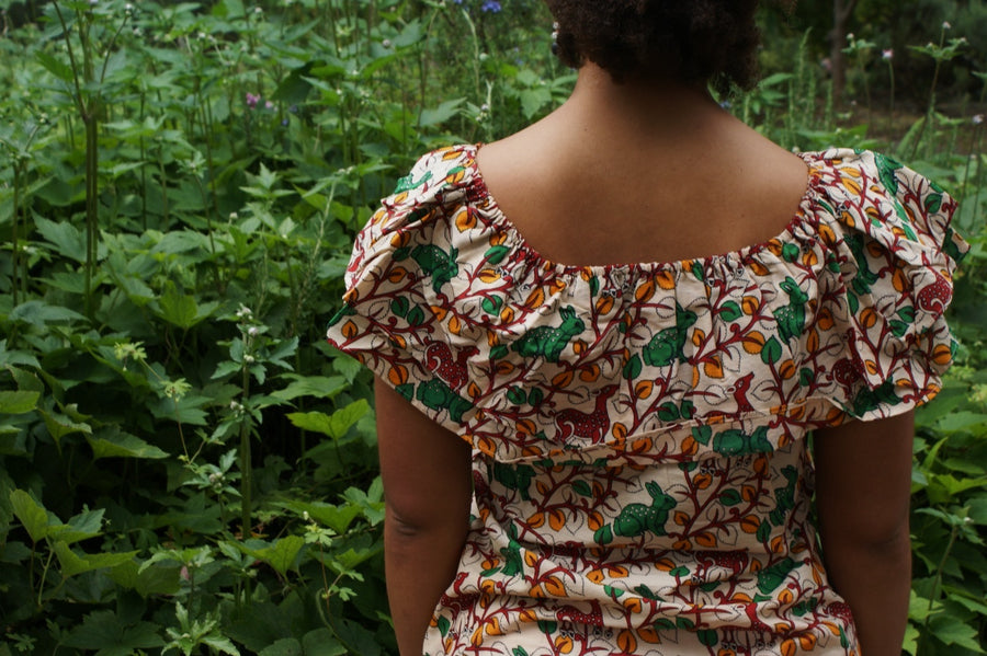Fair Trade Cotton Off the Shoulder Top Green & Red Wilderness Design