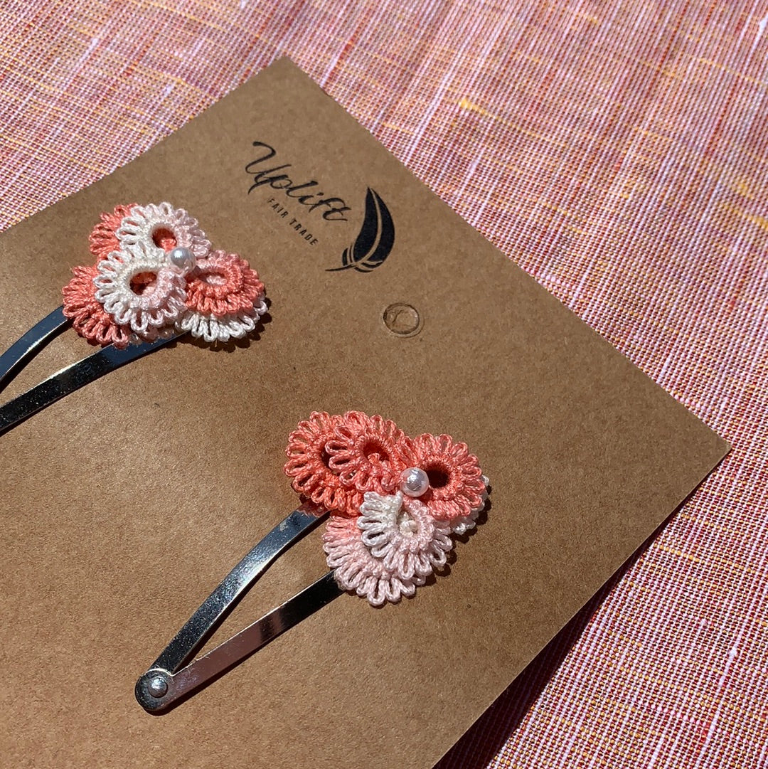 Fair Trade  Ethical Pair of Tatted Hair Clips Center Bead