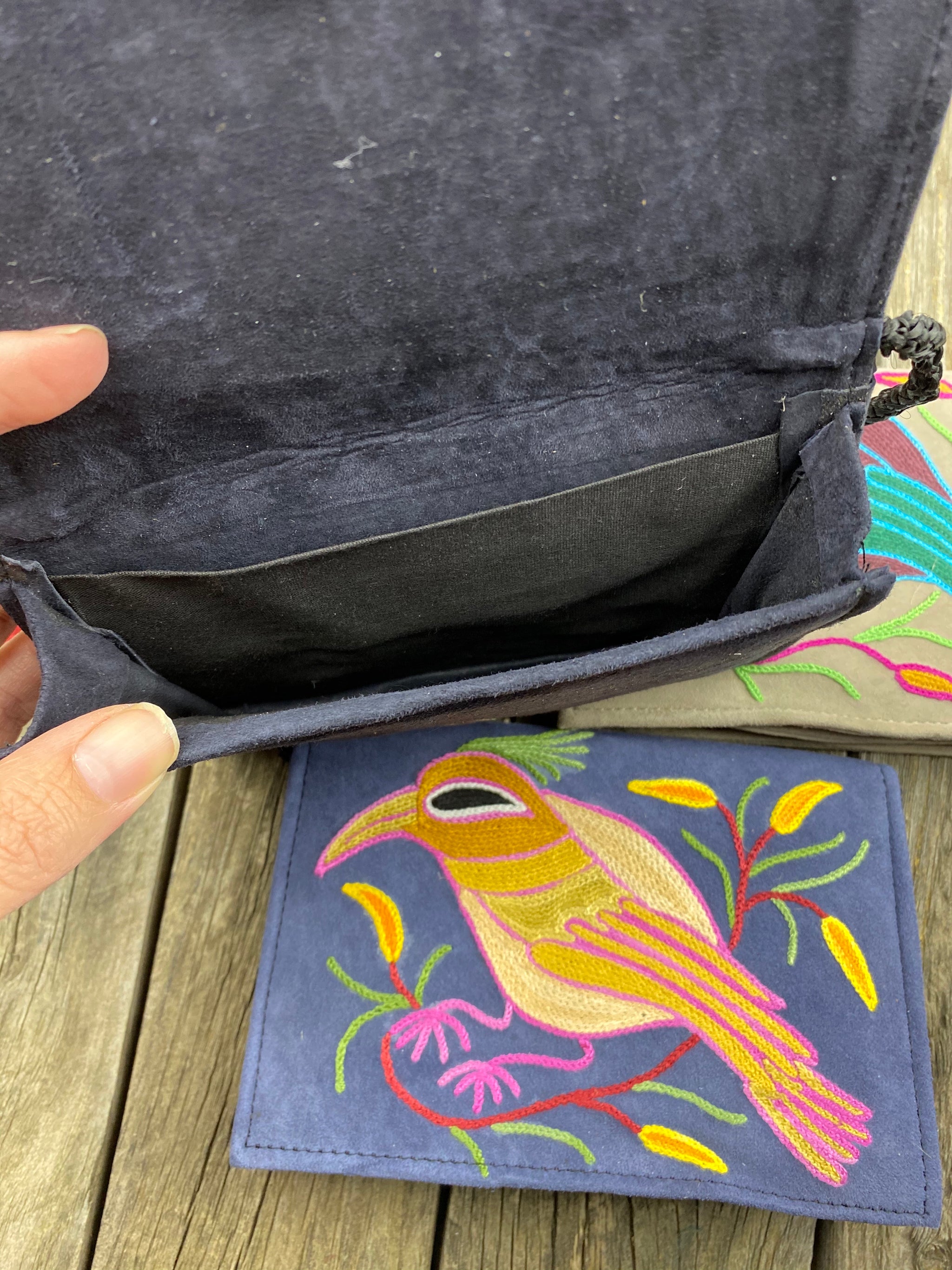 Fair Trade Ethical Embroidered Suede Handbag One Bird Design - Assorted