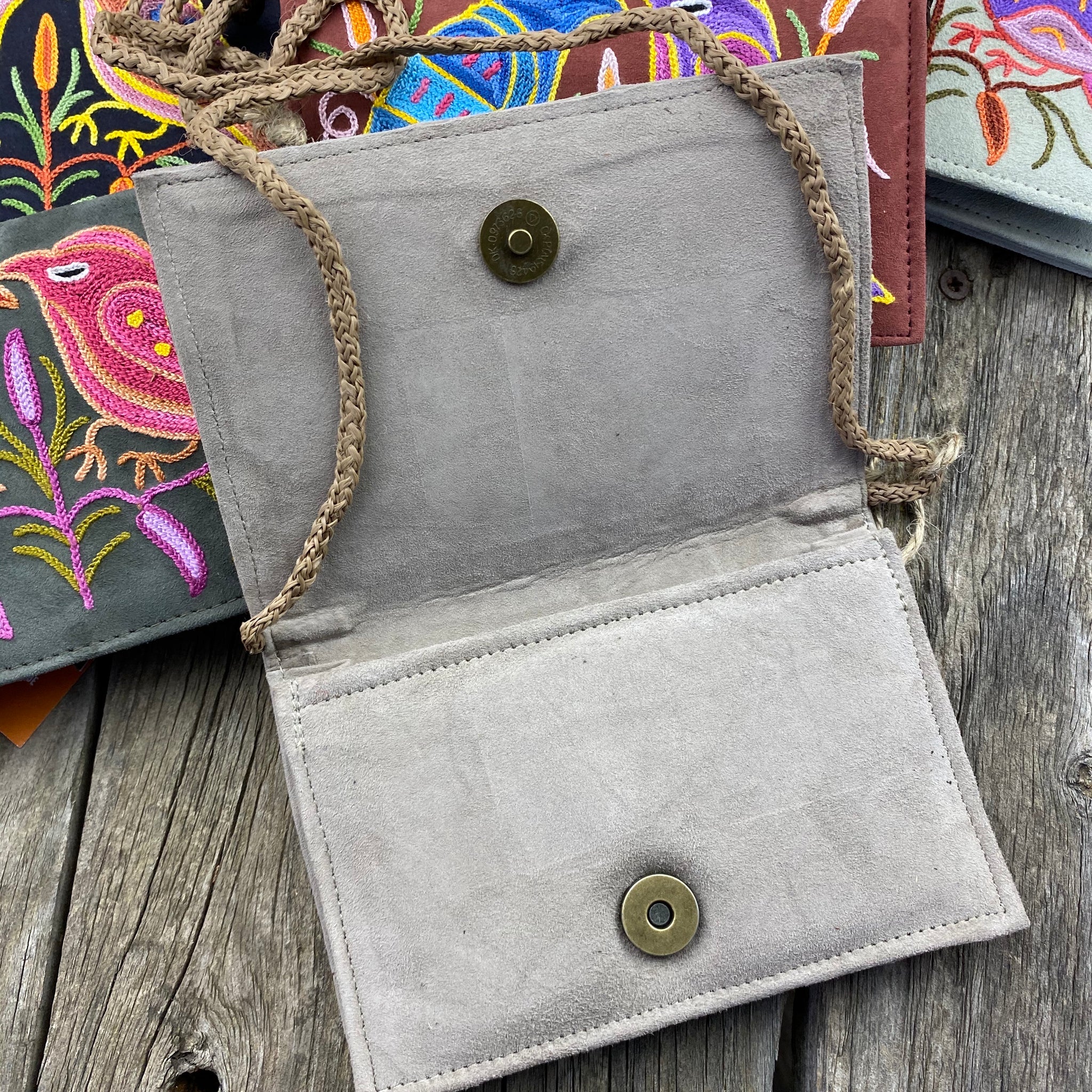 Fair Trade Ethical Embroidered Suede Handbag One Bird Design - Assorted