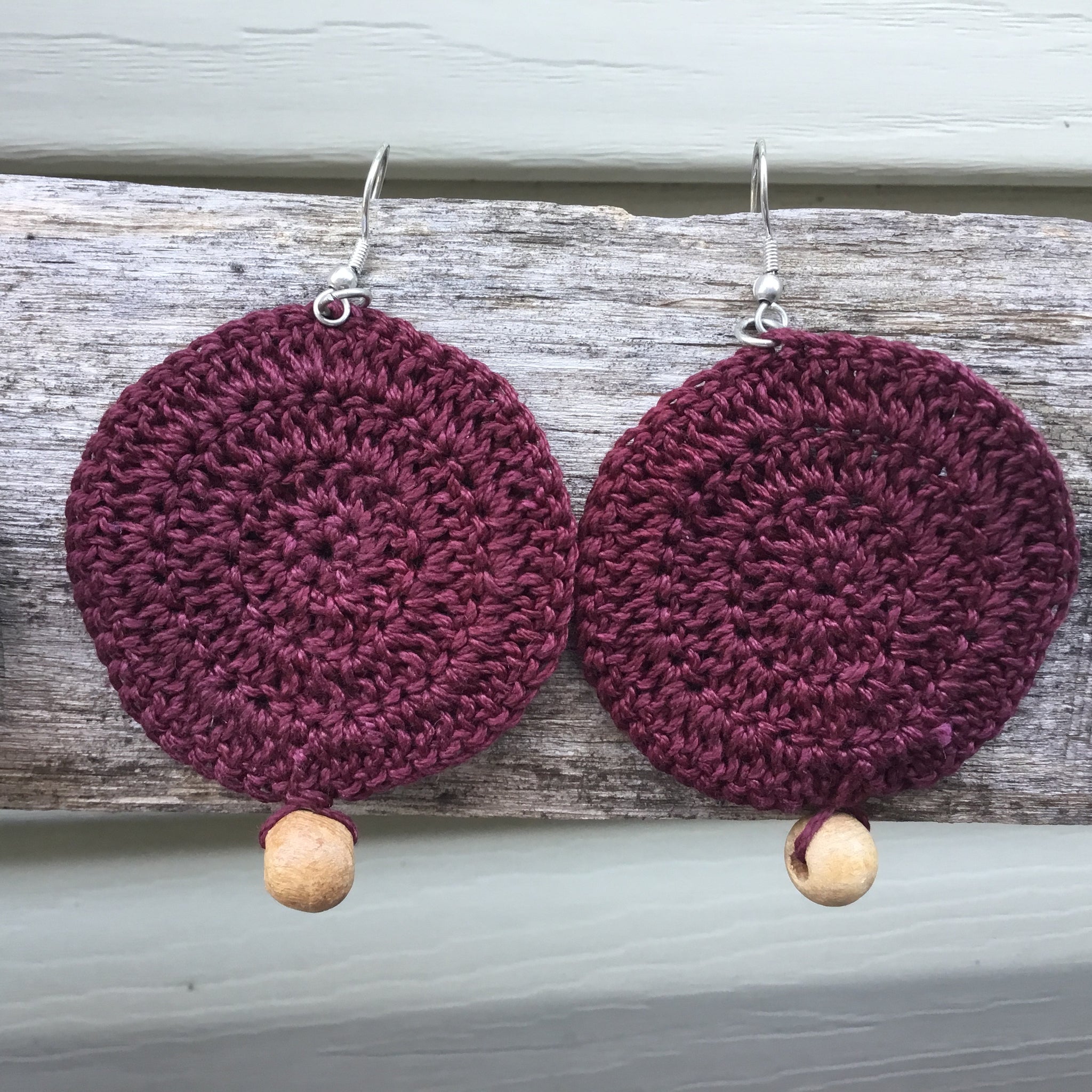 Fair Trade Earrings Tatted with Hanging Wooden Bead