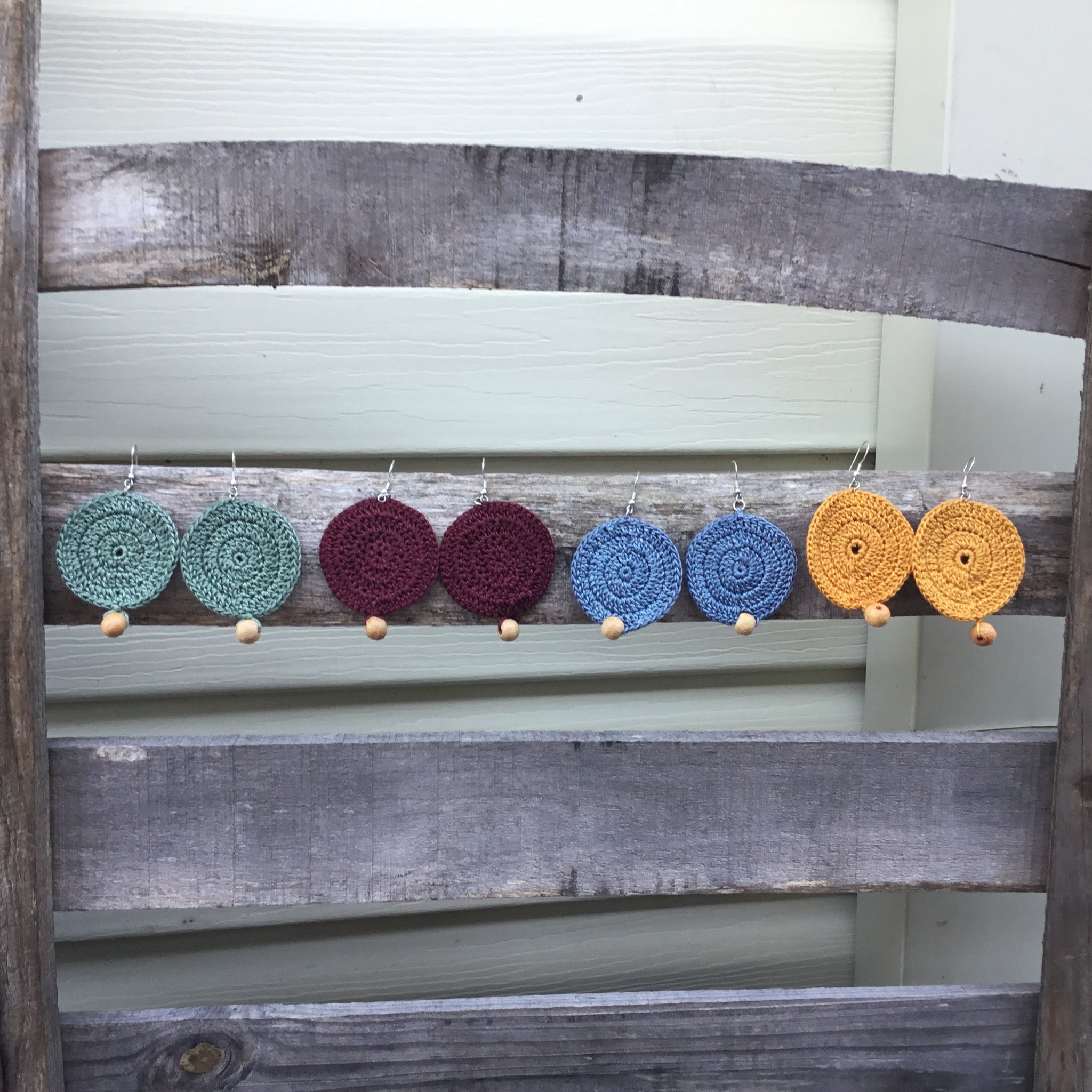 Fair Trade Earrings Tatted with Hanging Wooden Bead