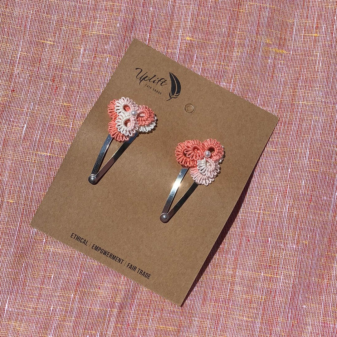 Fair Trade  Ethical Pair of Tatted Hair Clips Center Bead