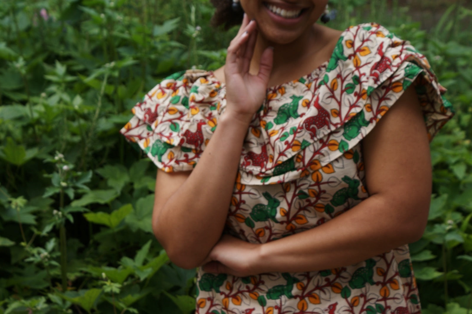 Fair Trade Cotton Off the Shoulder Top Green & Red Wilderness Design