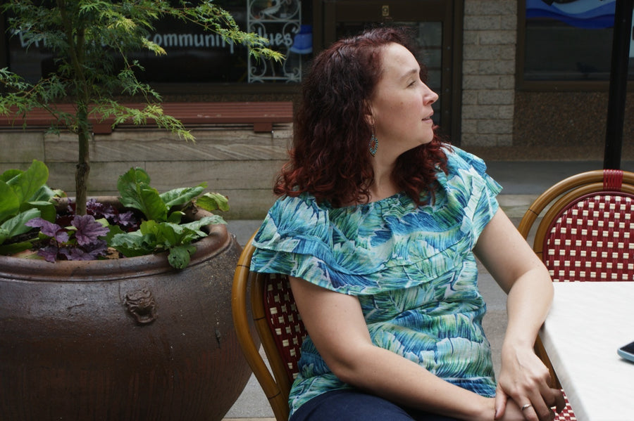 Fair Trade Cotton Off the Shoulder Top Green Leaf Design