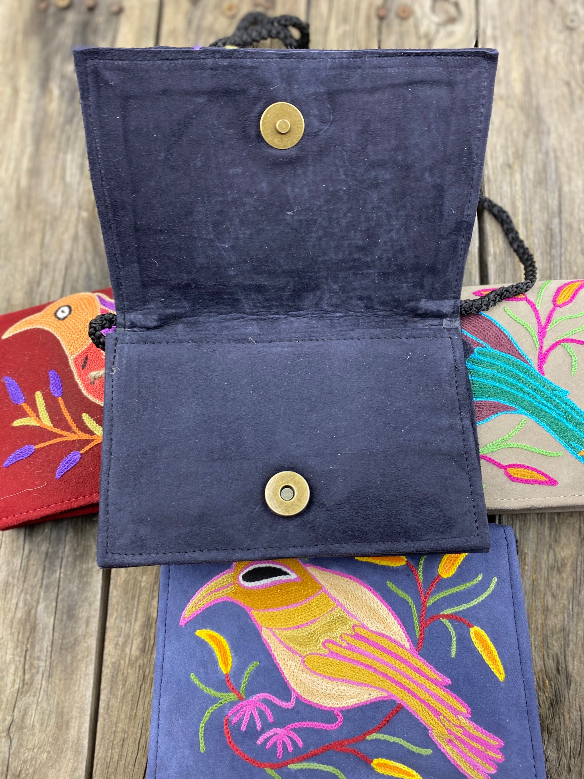 Fair Trade Ethical Embroidered Suede Handbag One Bird Design - Assorted
