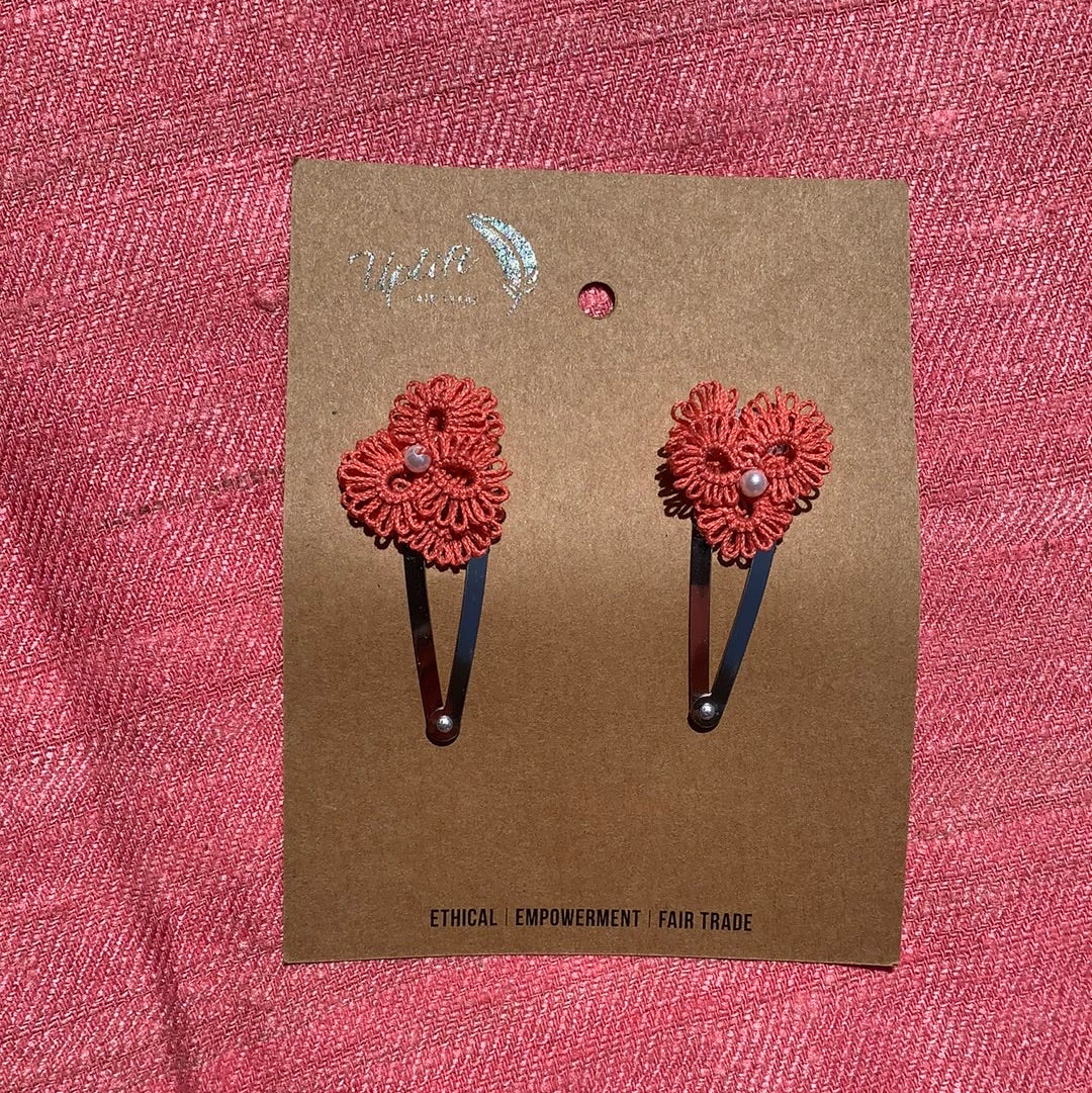 Fair Trade  Ethical Pair of Tatted Hair Clips Center Bead