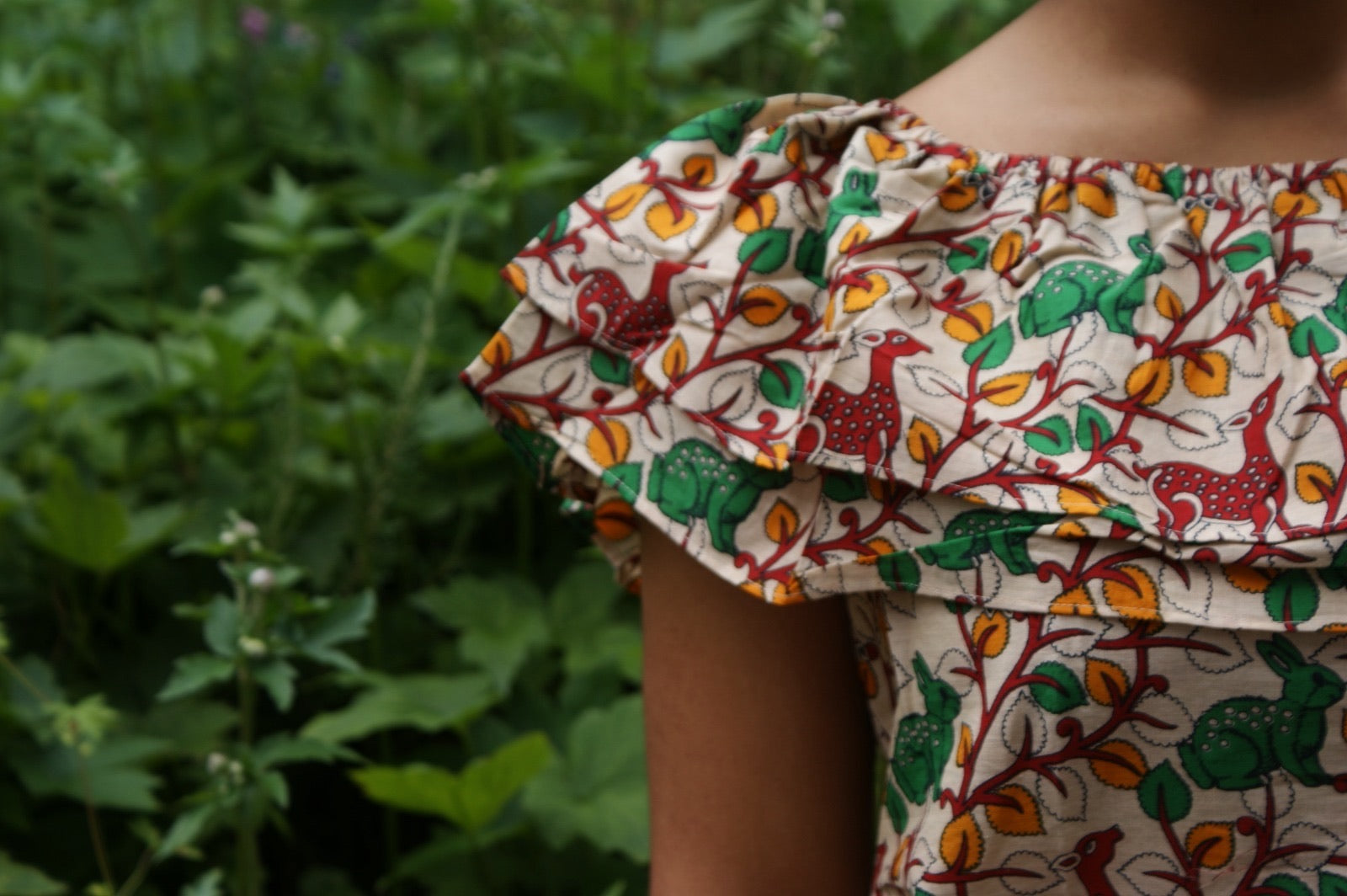 Fair Trade Cotton Off the Shoulder Top Green & Red Wilderness Design
