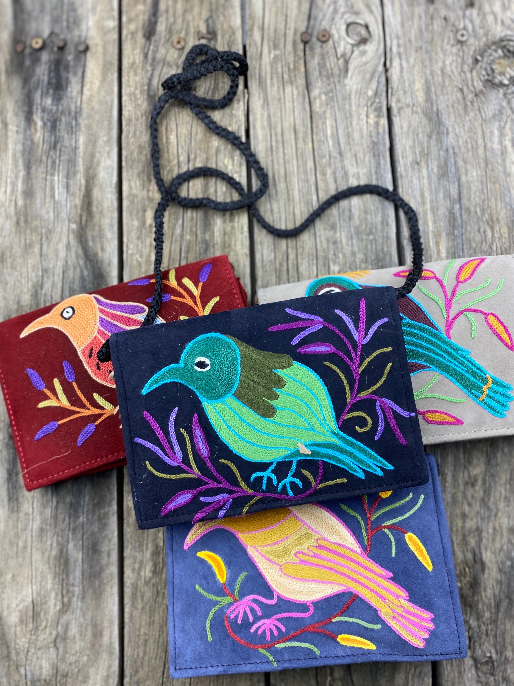 Fair Trade Ethical Embroidered Suede Handbag One Bird Design - Assorted